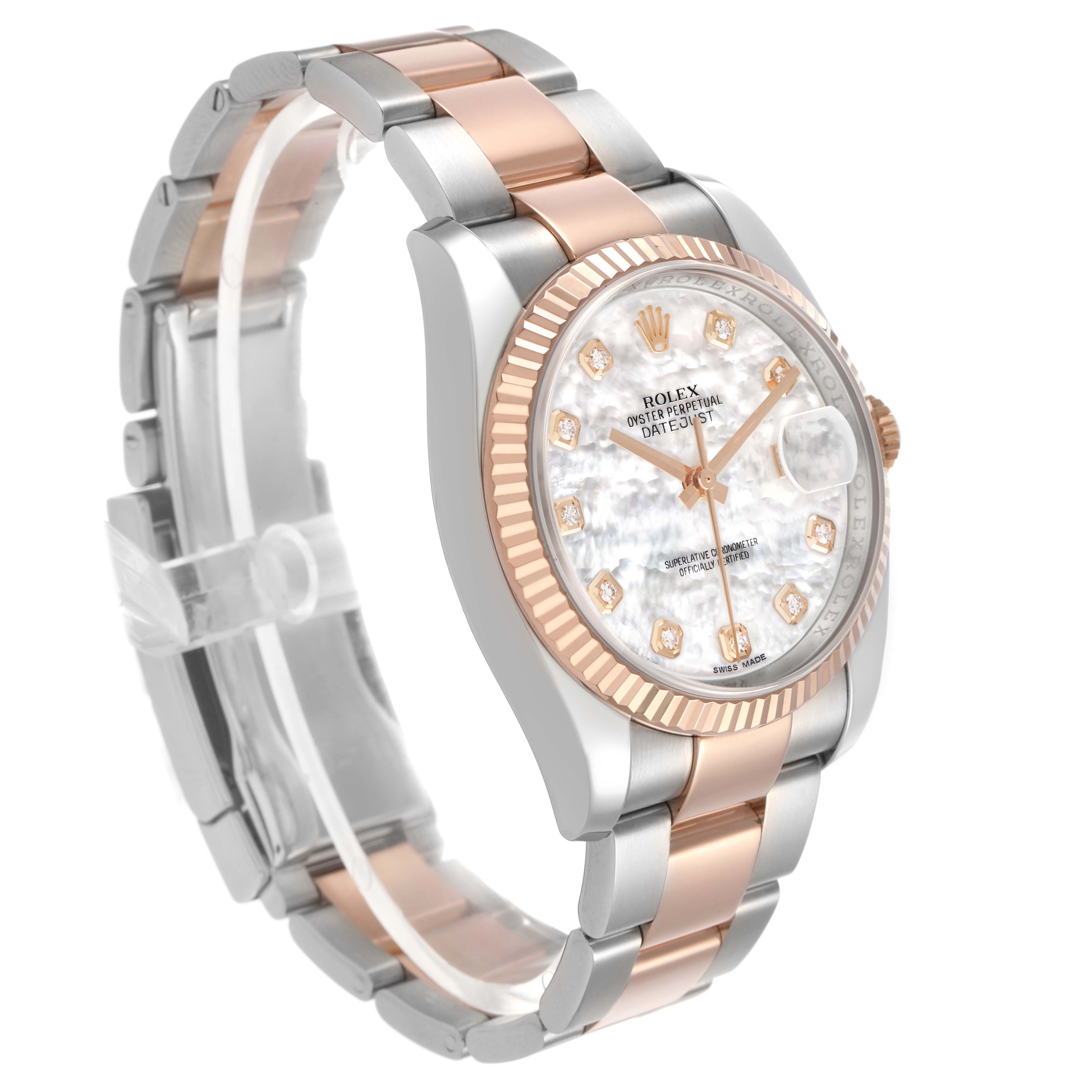 The Rolex Datejust 116231 Men's Steel and Gold (two tone) Mother of Pearl Dial watch is shown at an angled side view displaying the face, bezel, and two-tone bracelet.