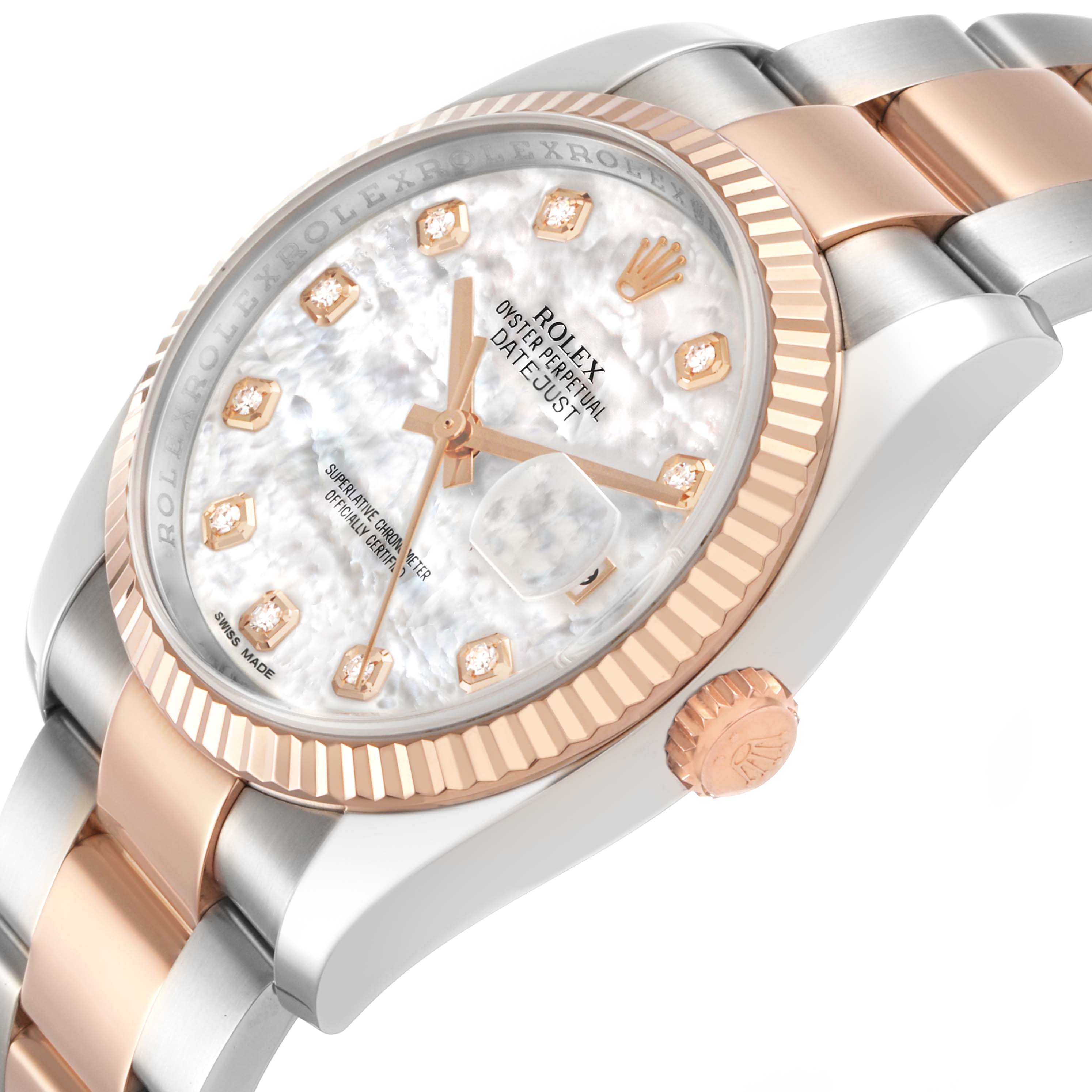 The Rolex Datejust 116231 Men's Steel and Gold (two tone) Mother of Pearl Dial is shown at a slight angle, highlighting its dial, bezel, crown, and part of the bracelet.