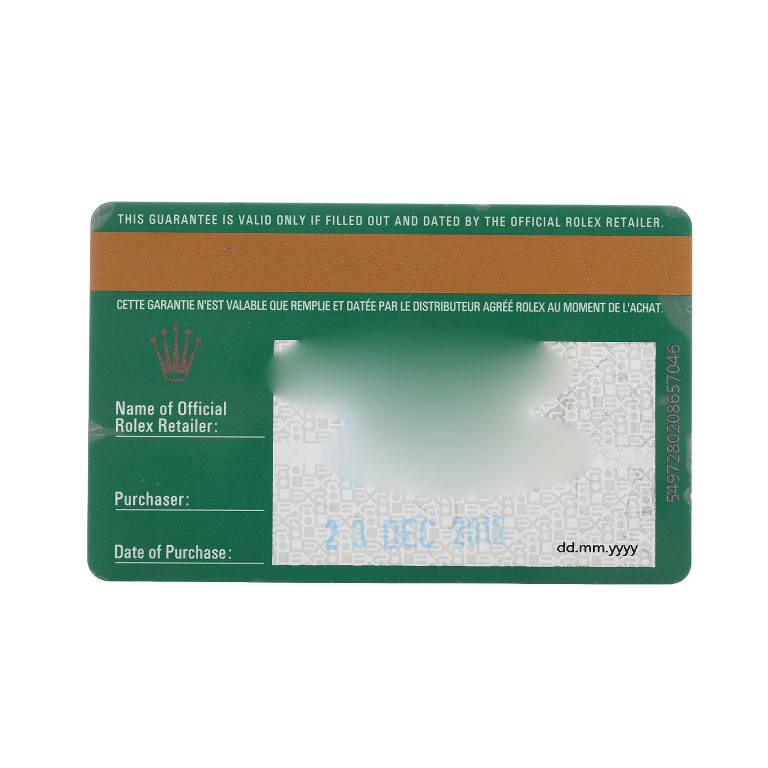 The image shows a warranty card for a Rolex Datejust 116231 Men's Steel and Gold (two tone) Mother of Pearl Dial watch, featuring brand details and purchase information.
