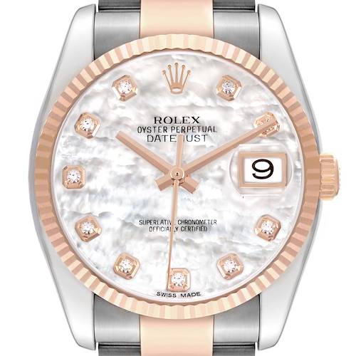 The Rolex Datejust 116231 Men's Steel and Gold (two tone) Mother of Pearl Dial watch is shown from the front, highlighting the dial, diamond markers, bezel, and crown.