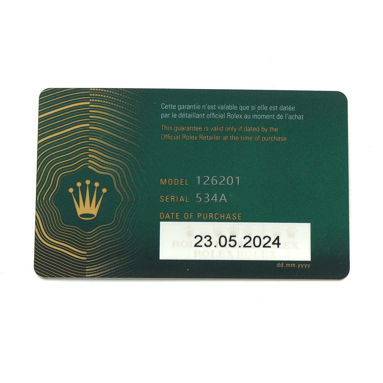 The image shows the warranty card for the Rolex Datejust 126201 Men's Steel and Gold (two tone) Grey Dial model 126201, displaying model, serial number, and purchase date.