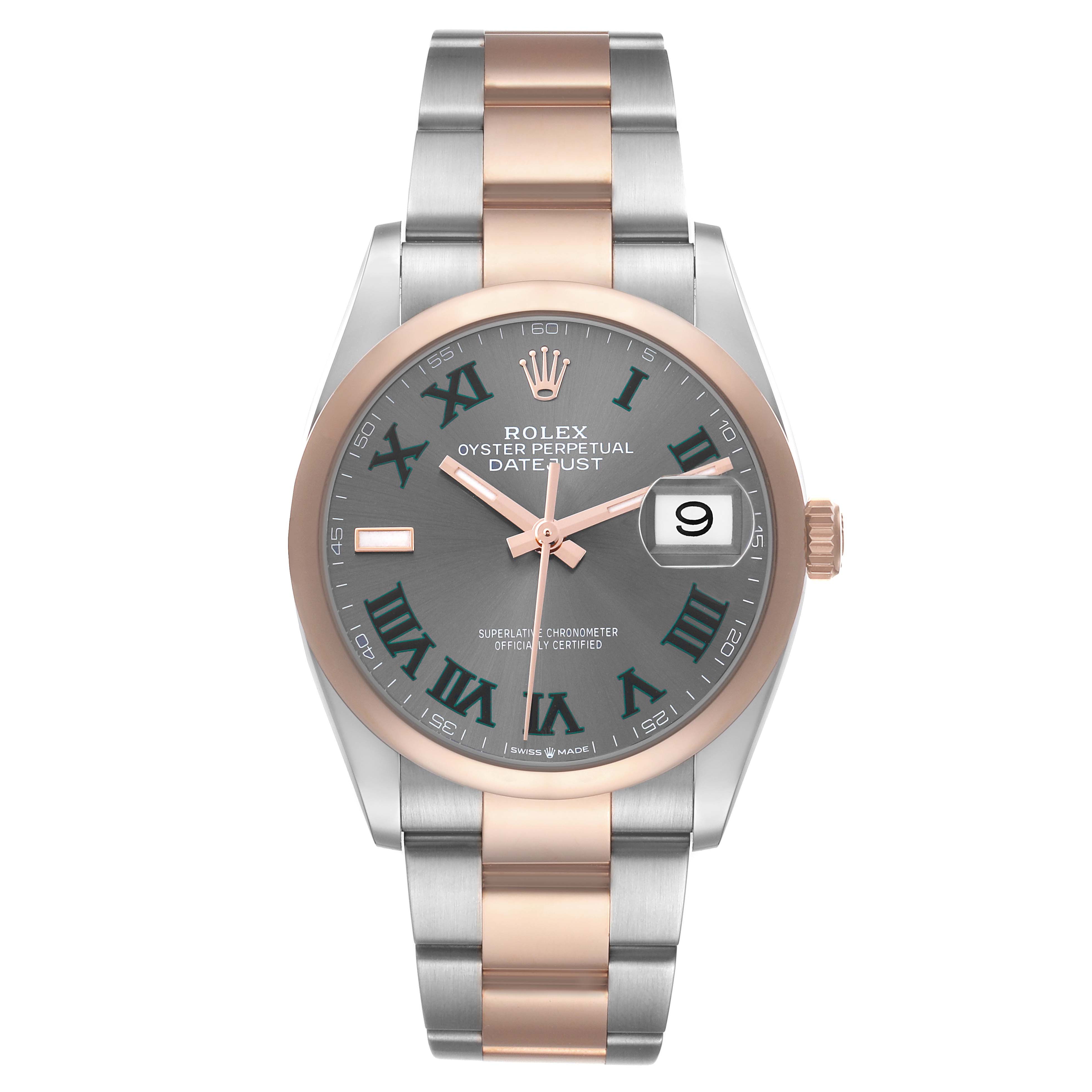 The Rolex Datejust 126201 Men's Steel and Gold (two tone) Grey Dial watch is shown from a front angle, displaying the face, bezel, bracelet, and crown.