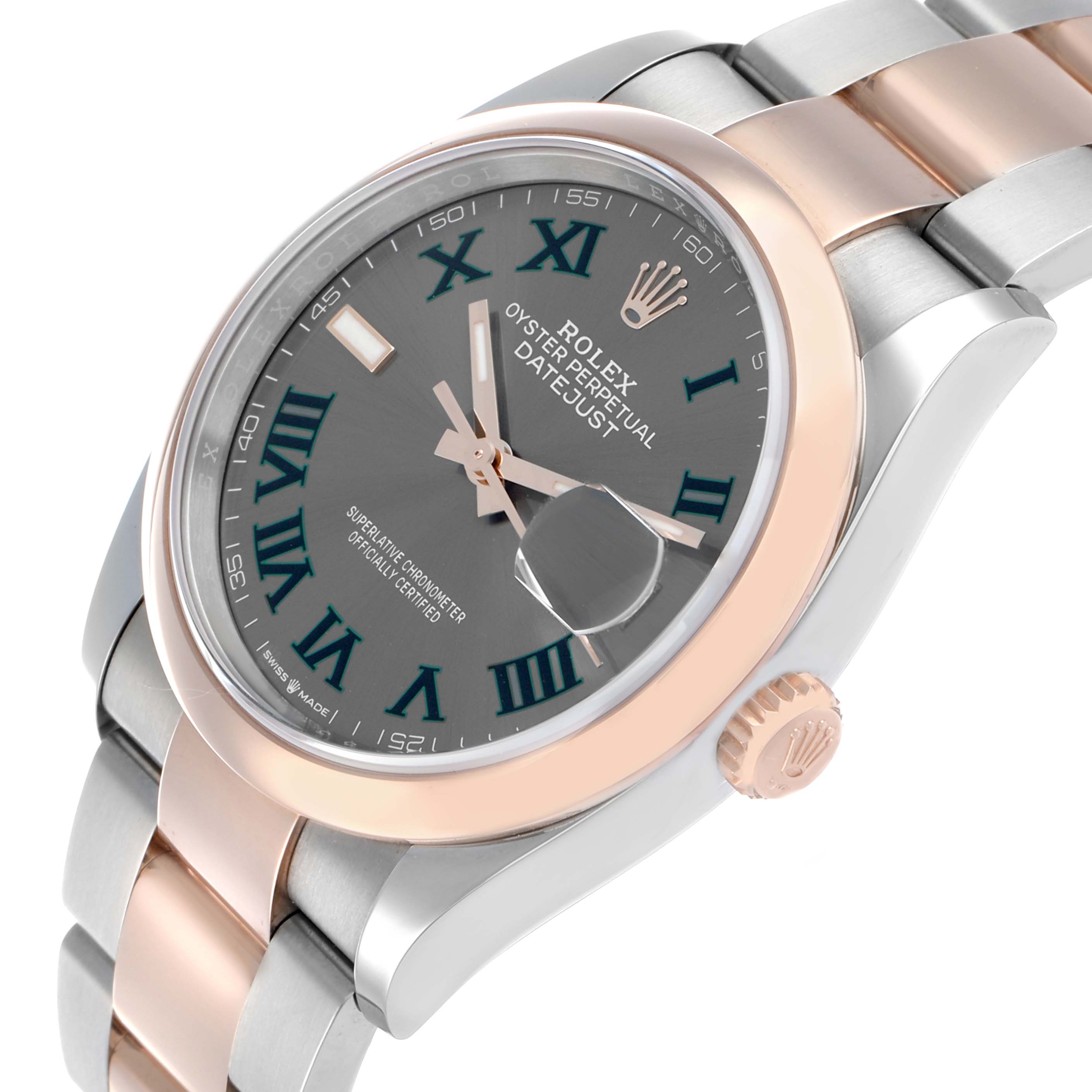 The Rolex Datejust 126201 Men's Steel and Gold (two tone) Grey Dial watch is shown at a tilted angle, highlighting the face, rose gold bezel, and two-tone bracelet.