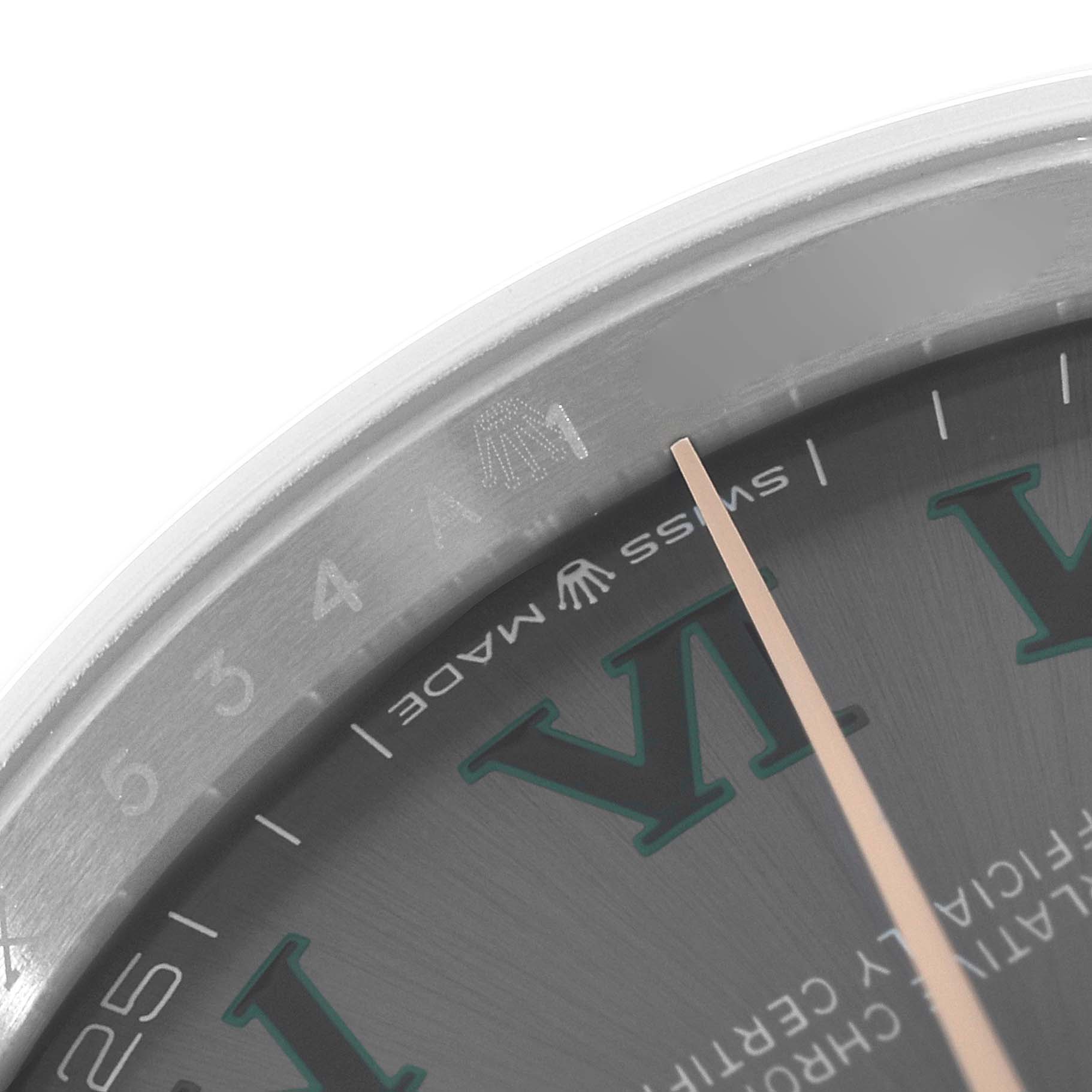 The image shows a close-up of a Rolex Datejust 126201 Men's Steel and Gold (two tone) Grey Dial dial, focusing on the hour markers and "Swiss Made" text.