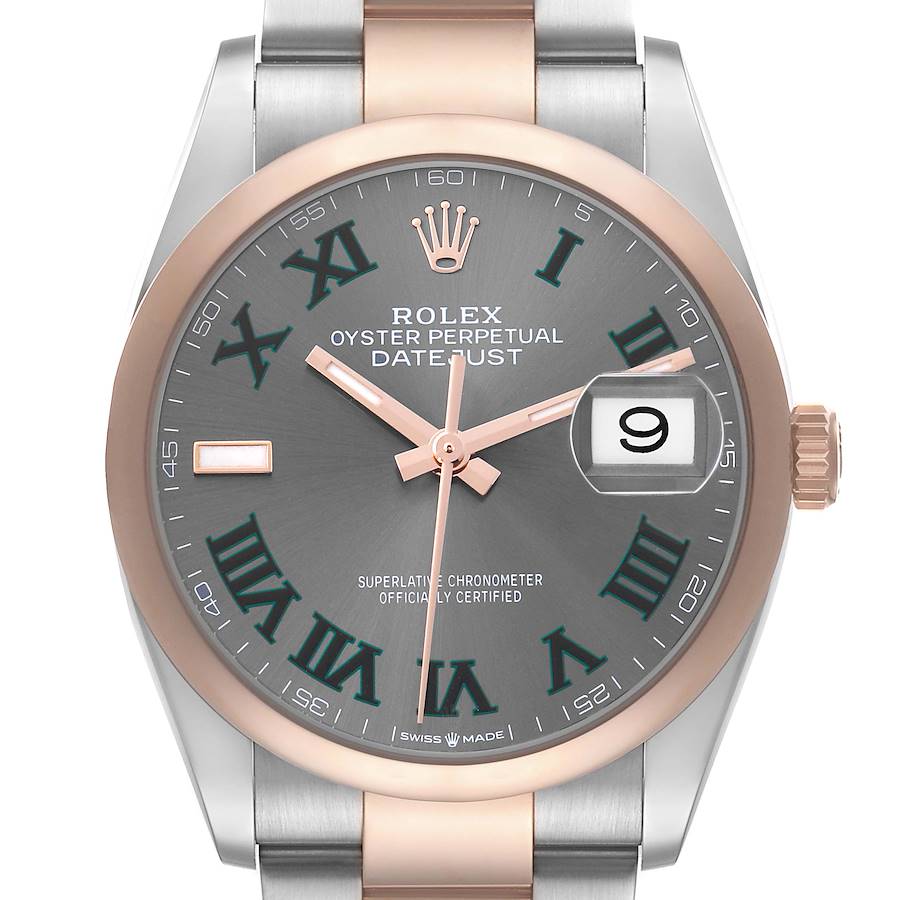 The Rolex Datejust 126201 Men's Steel and Gold (two tone) Grey Dial watch is shown from a front angle, highlighting the face, bezel, and part of the bracelet.