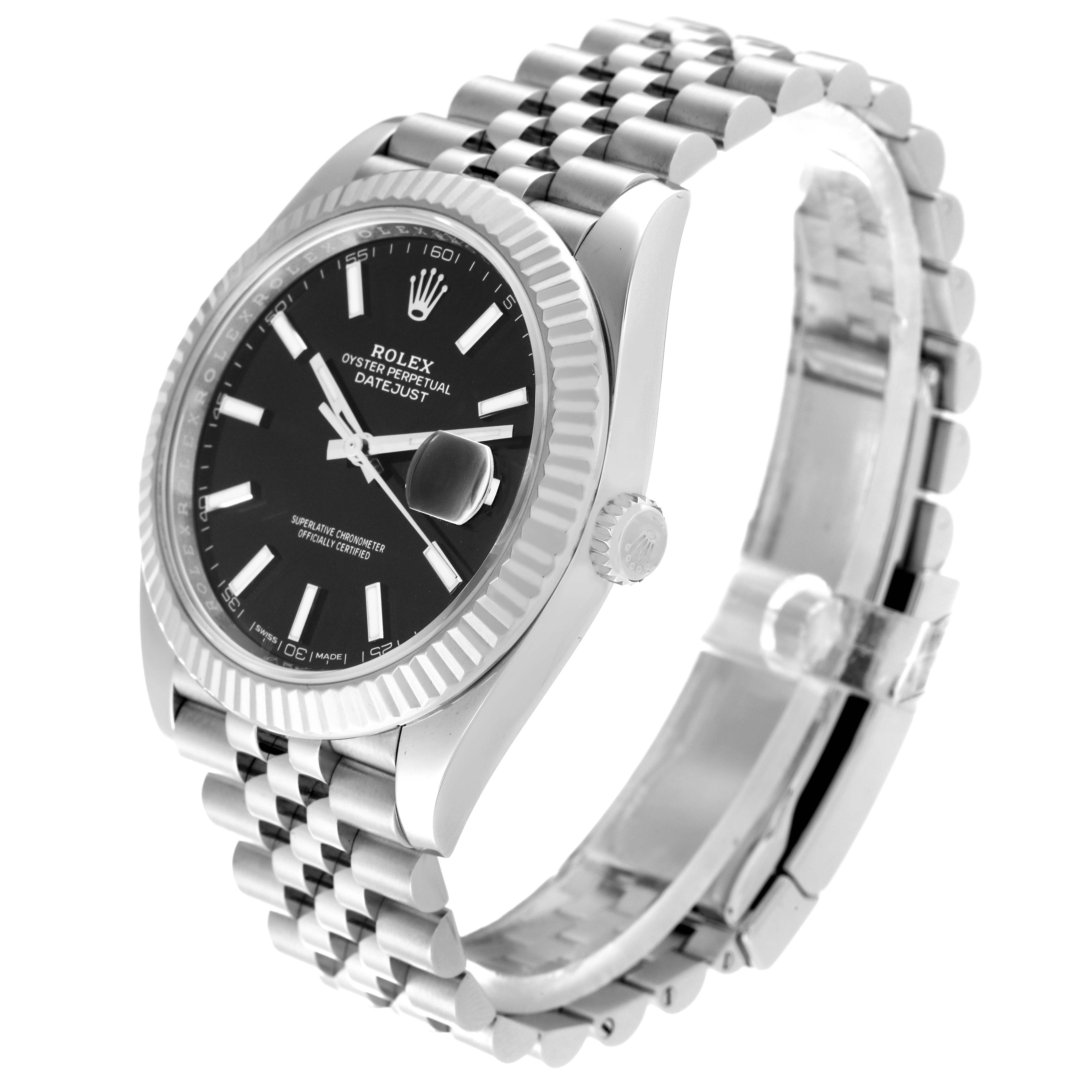 The image shows a Rolex Datejust 41 126334 Men
s Stainless Steel Black Dial 126334 Men
s Stainless Steel Black Dial watch at a three-quarter angle, highlighting its black dial, fluted bezel, and Jubilee bracelet.