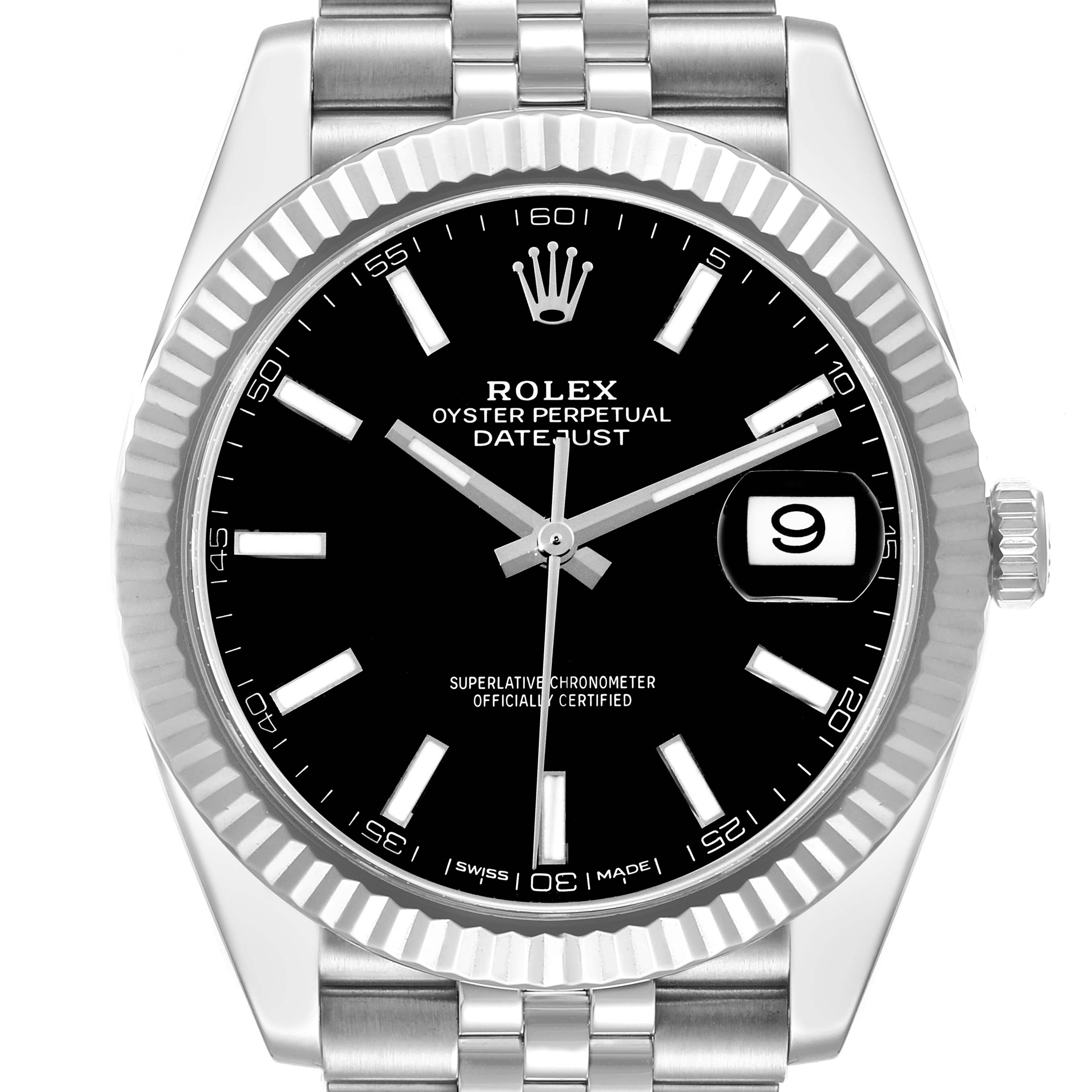 This image shows a front view of the Rolex Datejust 41 126334 Men
s Stainless Steel Black Dial 126334 Men
s Stainless Steel Black Dial watch, highlighting its black dial, bezel, crown, and part of the bracelet.