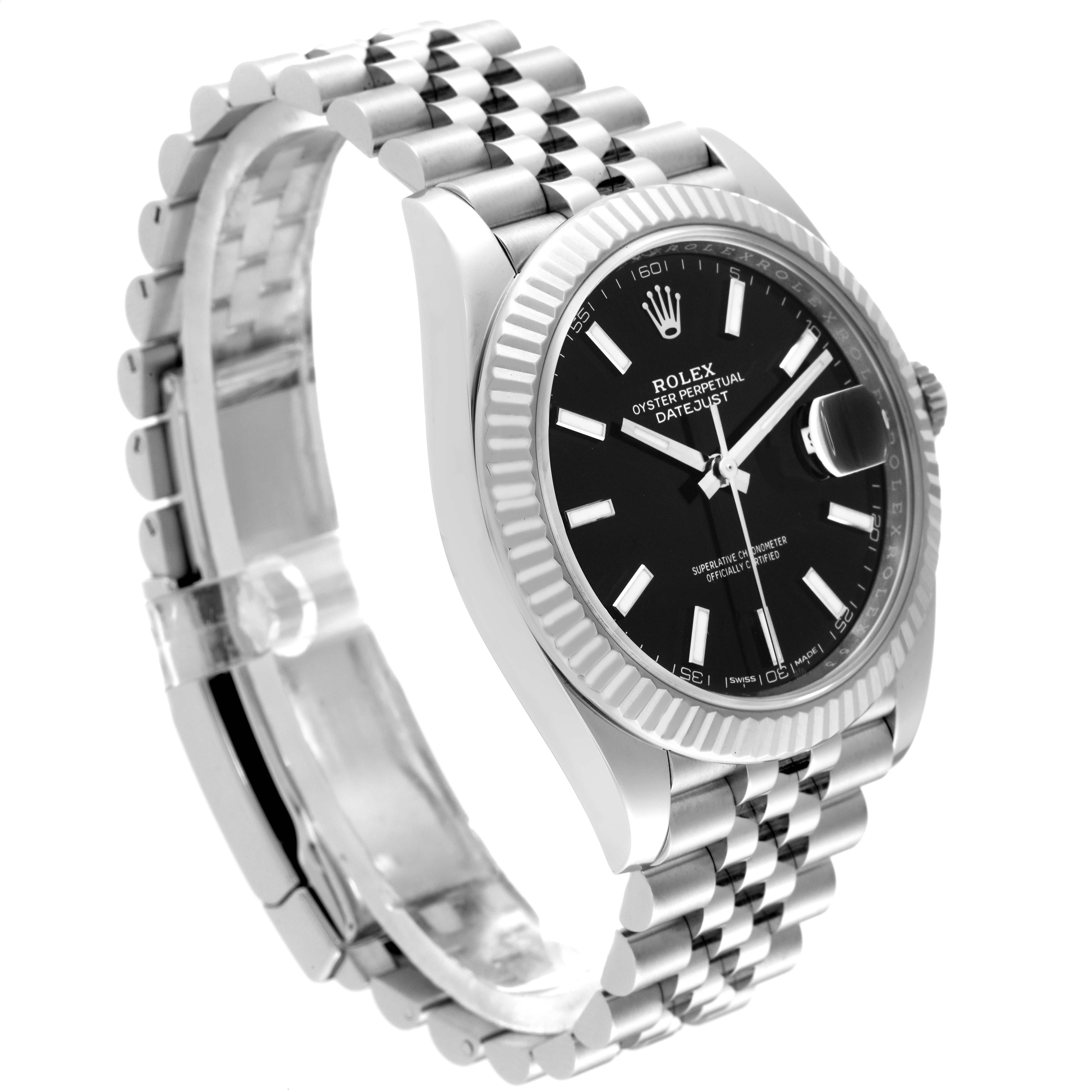 This image shows a Rolex Datejust 41 126334 Men
s Stainless Steel Black Dial 126334 Men
s Stainless Steel Black Dial model watch at an angled view, displaying its black dial, fluted bezel, and Jubilee bracelet.