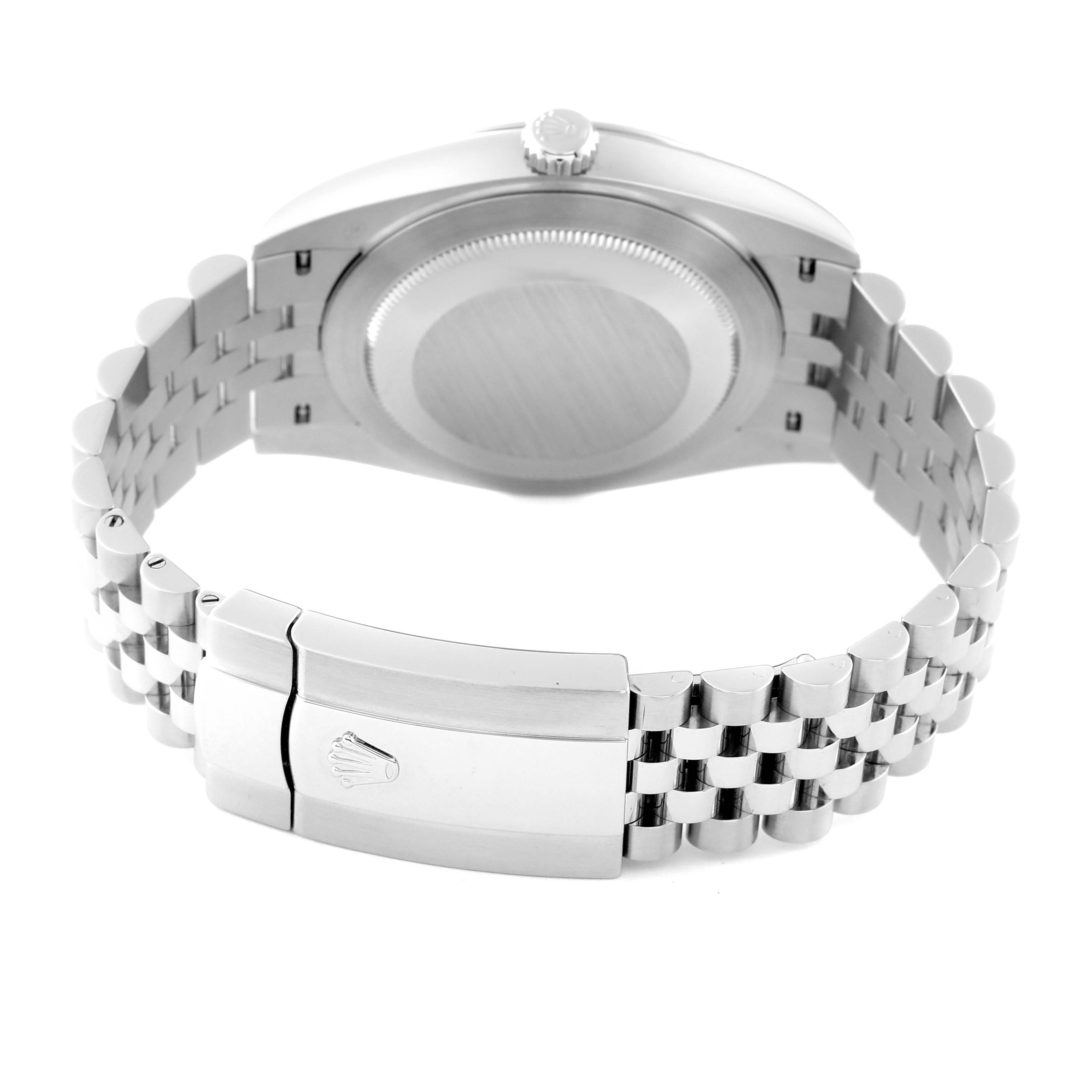 This image of the Rolex Datejust 41 126334 Men
s Stainless Steel Black Dial 126334 Men
s Stainless Steel Black Dial shows the case back, crown, and clasp from a rear angle.