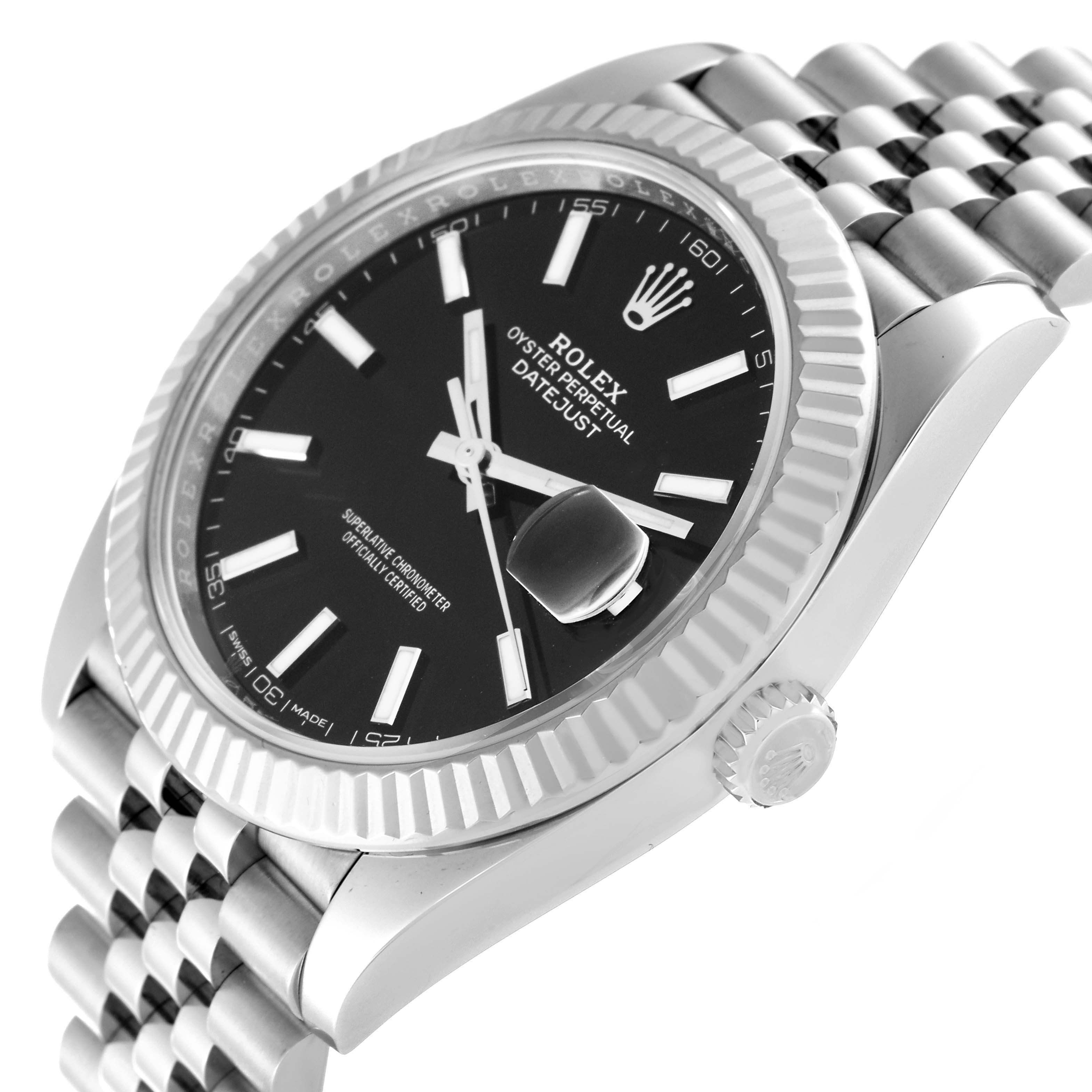 The Rolex Datejust 41 126334 Men
s Stainless Steel Black Dial 126334 Men
s Stainless Steel Black Dial is shown from a side angle highlighting its black dial, fluted bezel, and Jubilee bracelet.