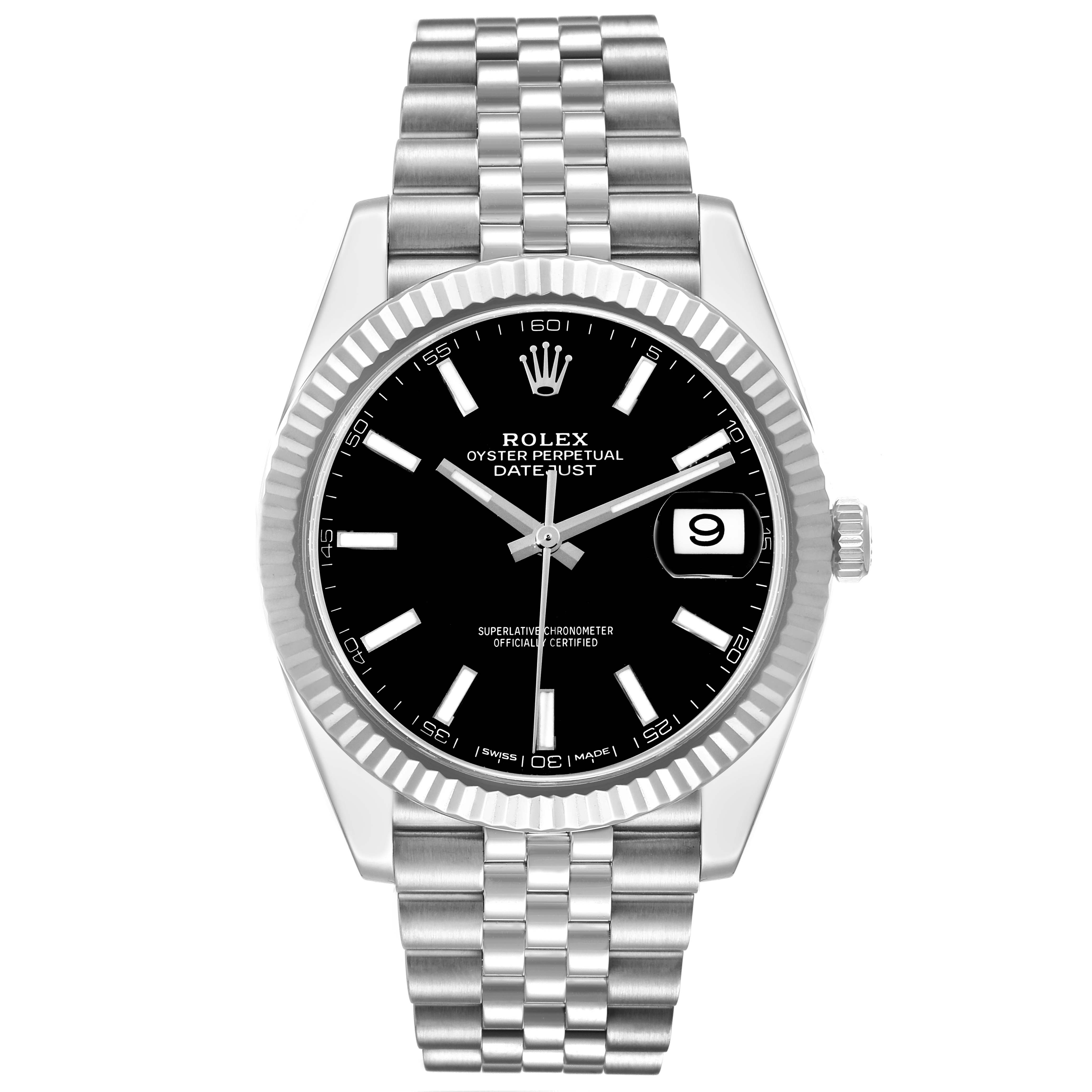 This image shows a front view of the Rolex Datejust 41 126334 Men
s Stainless Steel Black Dial 126334 Men
s Stainless Steel Black Dial model, highlighting its black dial, date display, and silver bracelet.