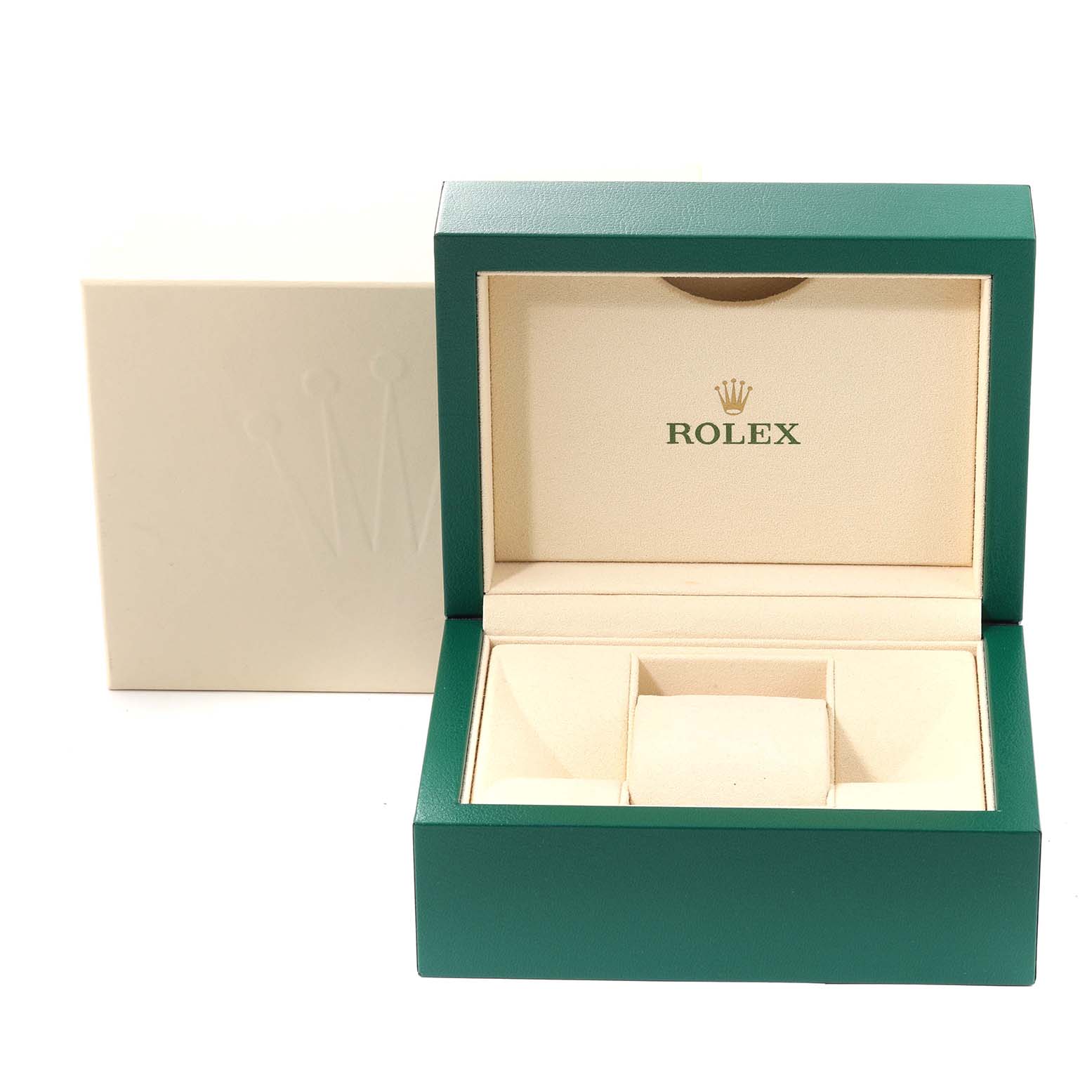The image shows an empty Rolex Datejust 41 126334 Men
s Stainless Steel Black Dial 126334 Men
s Stainless Steel Black Dial watch box, featuring a green exterior and beige interior.
