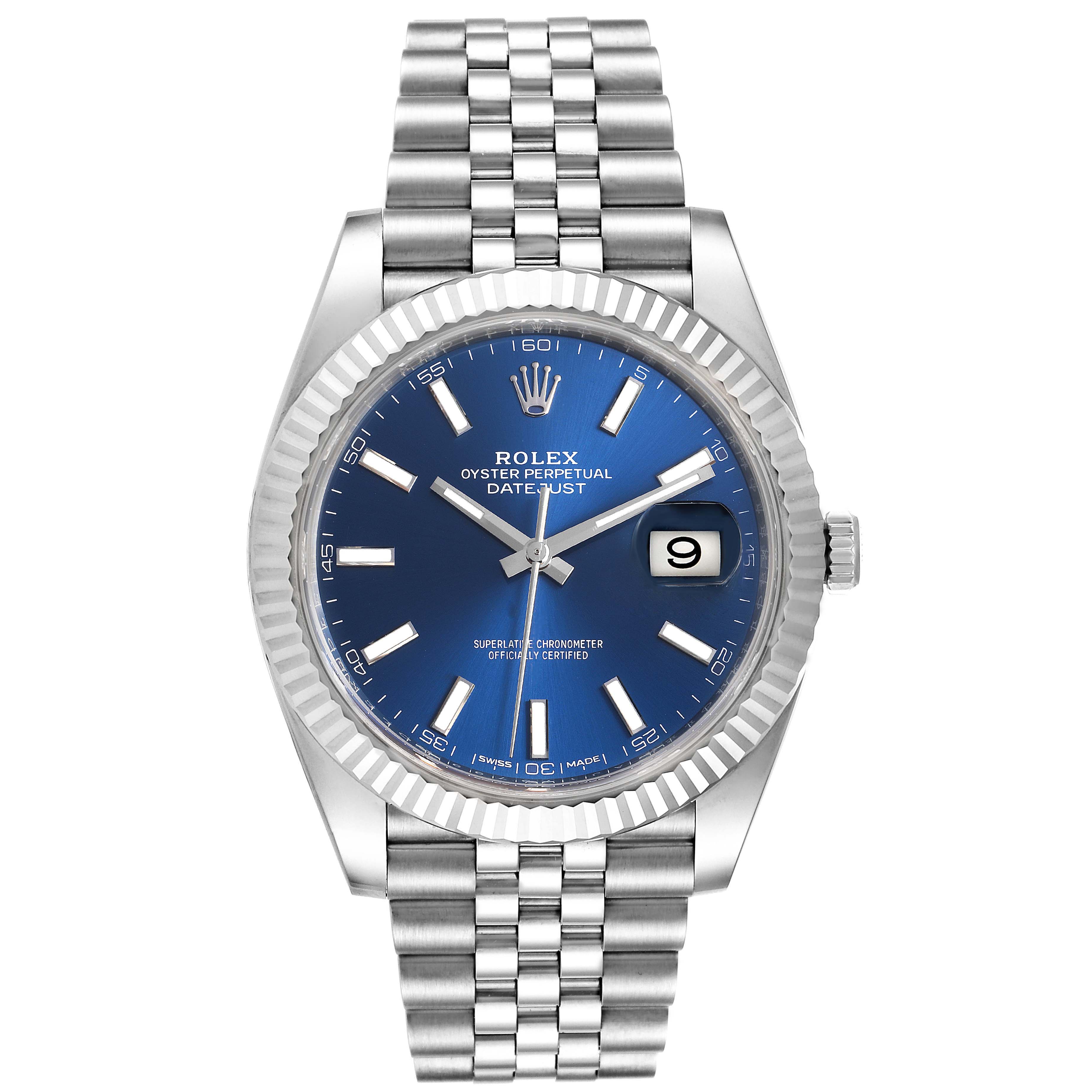 The Rolex Datejust 41 126334 Men's Stainless Steel Blue Dial 126334 Men's Stainless Steel Blue Dial is shown from a front view, displaying its blue dial, date window, bezel, and Jubilee bracelet.