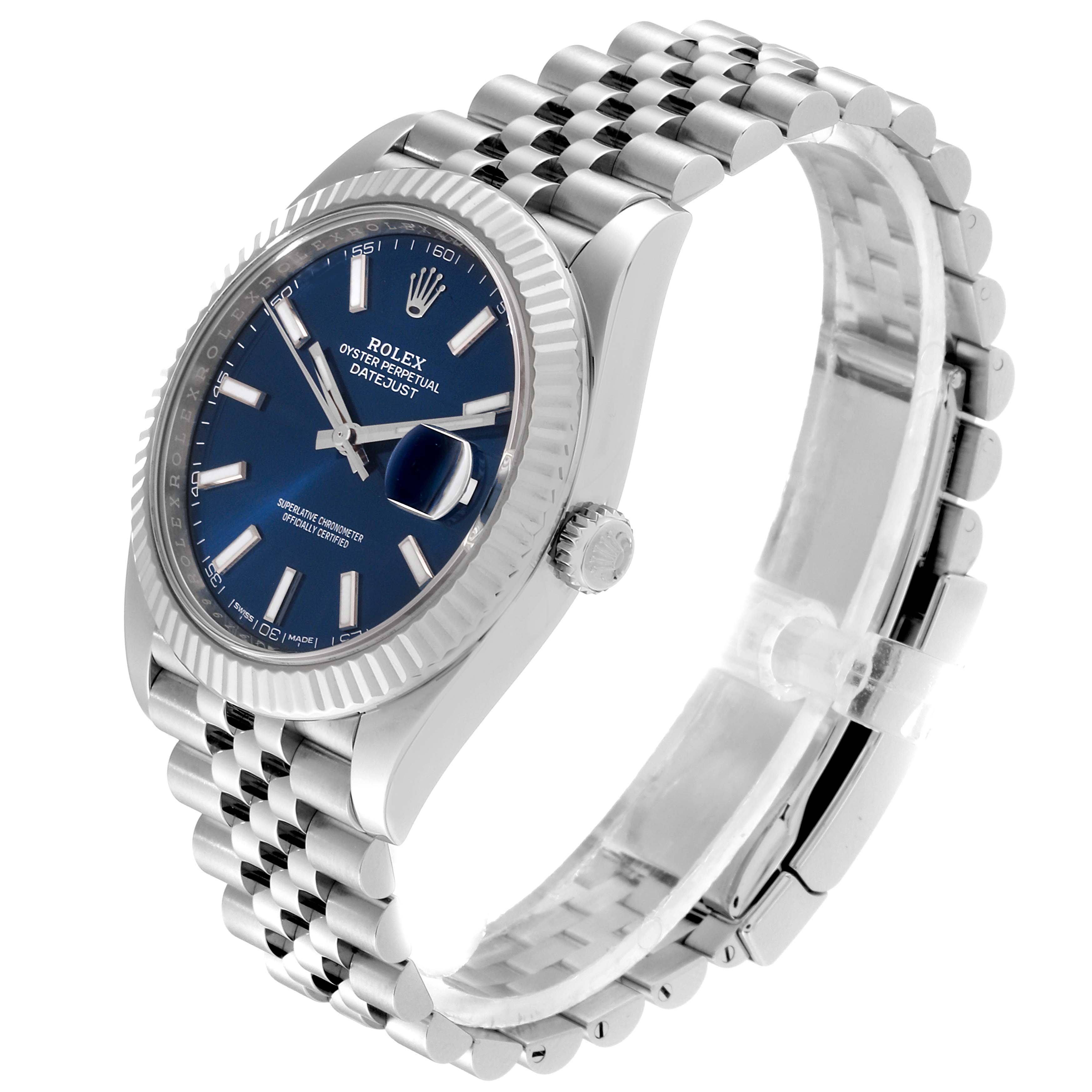 The Rolex Datejust 41 126334 Men's Stainless Steel Blue Dial 126334 Men's Stainless Steel Blue Dial watch is shown at a side angle, highlighting its blue dial, jubilee bracelet, and fluted bezel.