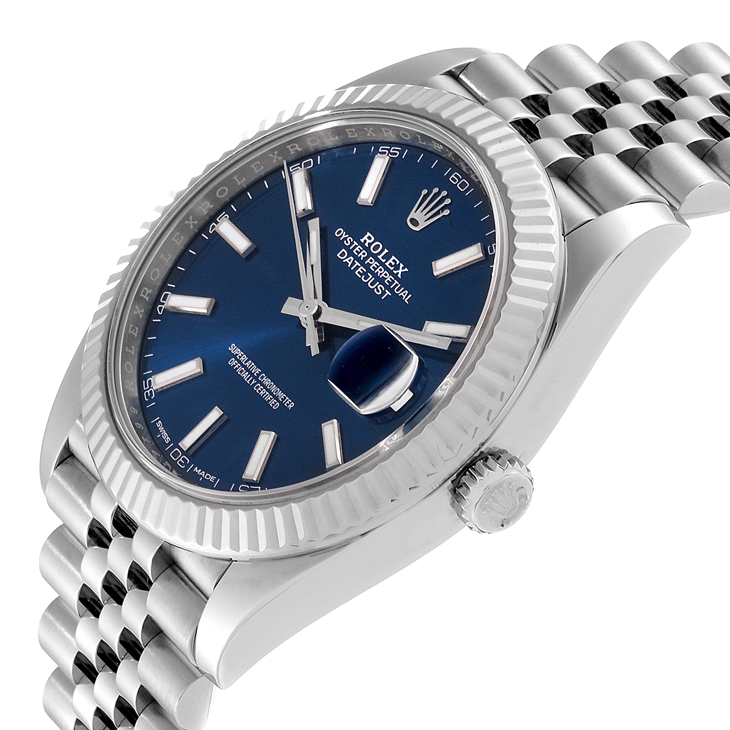 The image shows a Rolex Datejust 41 126334 Men's Stainless Steel Blue Dial 126334 Men's Stainless Steel Blue Dial watch at a three-quarter angle, highlighting the dial, bezel, crown, and part of the bracelet.