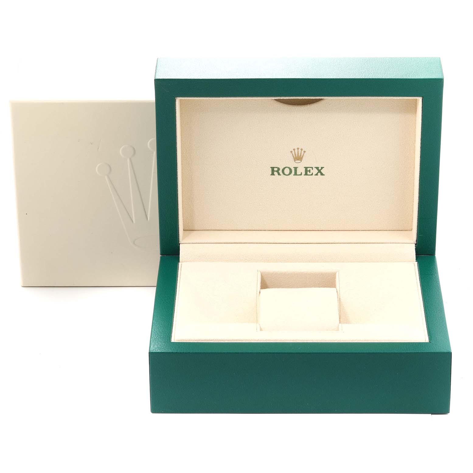 The image shows an open green and cream Rolex Datejust 41 126334 Men's Stainless Steel Blue Dial 126334 Men's Stainless Steel Blue Dial watch box, with the Rolex logo inside the lid.