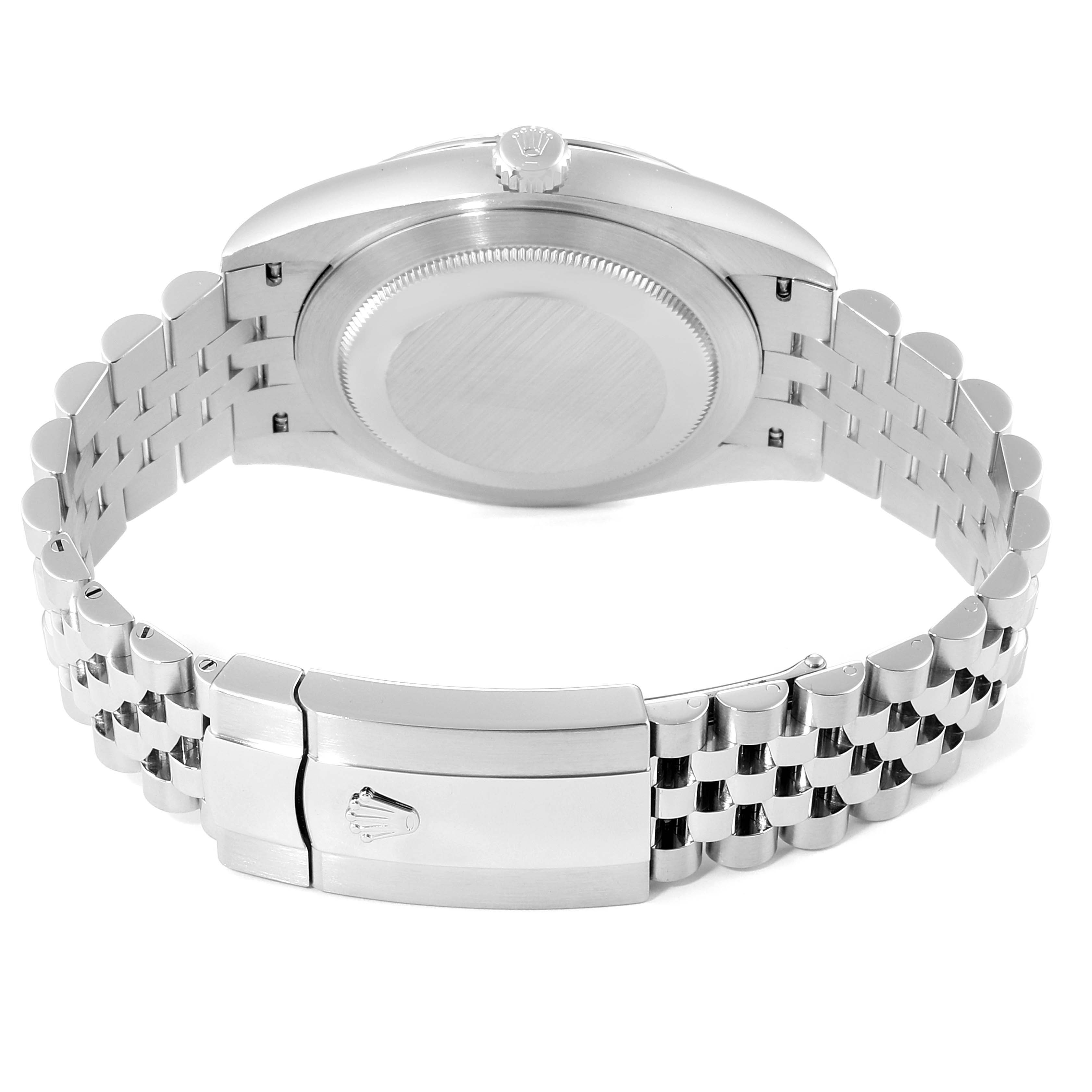 The image shows the back view of the Rolex Datejust 41 126334 Men's Stainless Steel Blue Dial 126334 Men's Stainless Steel Blue Dial model with its case back and Jubilee bracelet.