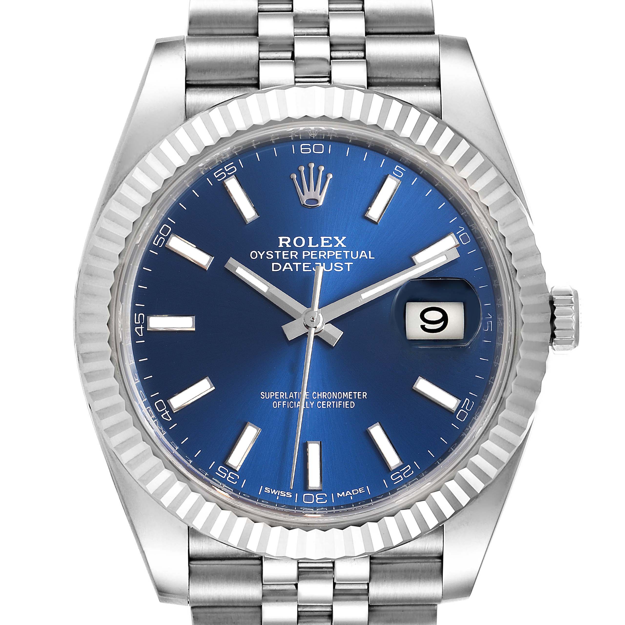 This image shows a front view of the Rolex Datejust 41 126334 Men's Stainless Steel Blue Dial 126334 Men's Stainless Steel Blue Dial watch, highlighting its blue dial, date window, and Jubilee bracelet.