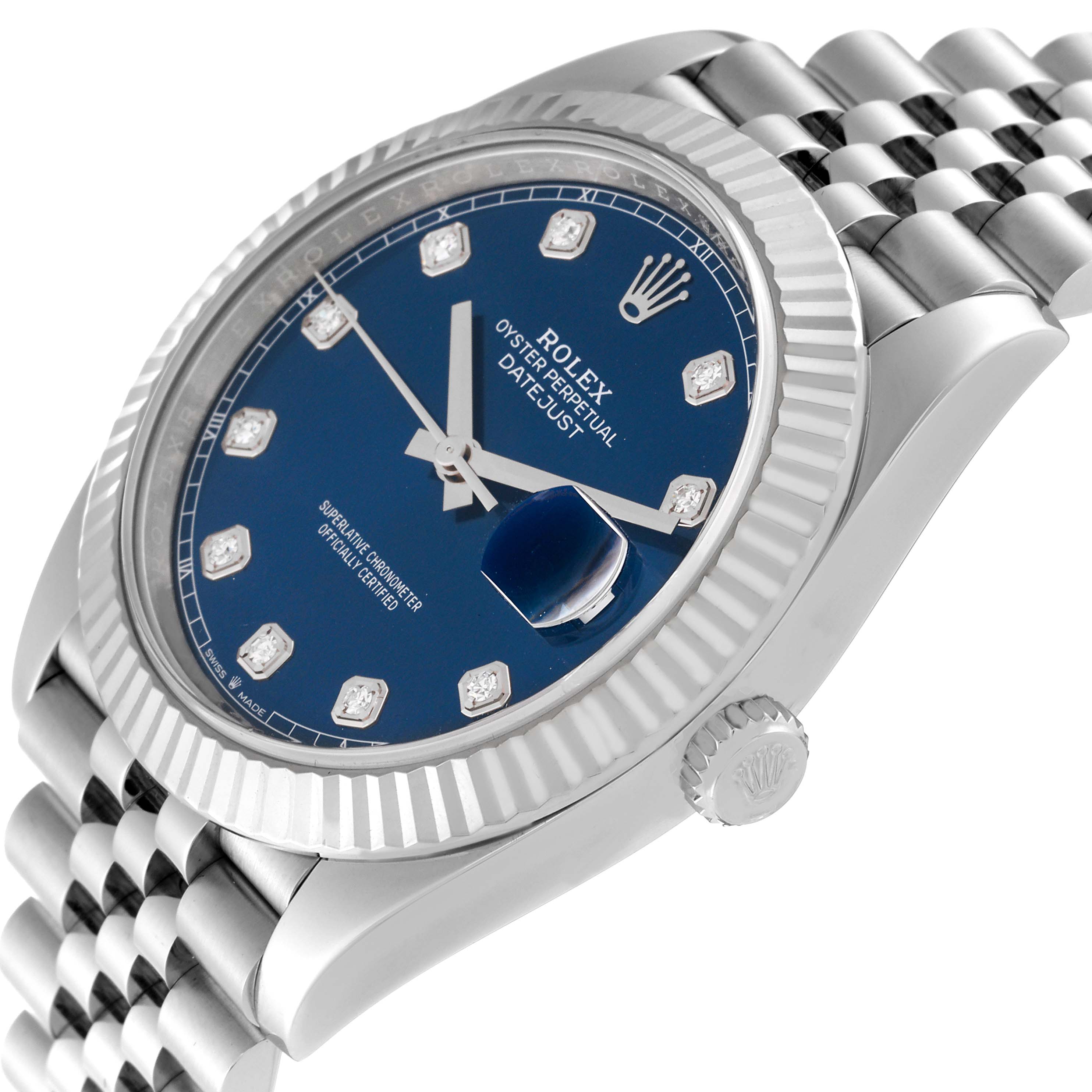 The Rolex Datejust 41 126334 Men
s Stainless Steel Blue Dial 126334 Men
s Stainless Steel Blue Dial watch is shown at a slight angle, highlighting the dial, crown, and part of the Jubilee bracelet.