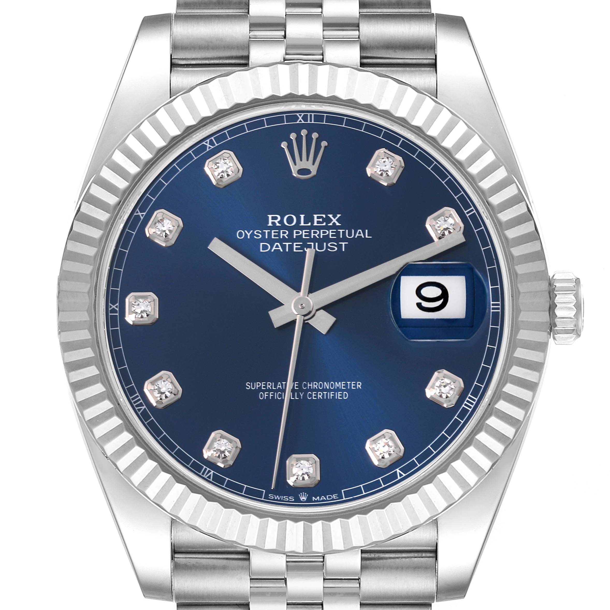 This is a close-up of a Rolex Datejust 41 126334 Men
s Stainless Steel Blue Dial 126334 Men
s Stainless Steel Blue Dial watch, showing the dial, bezel, crown, and part of the bracelet.