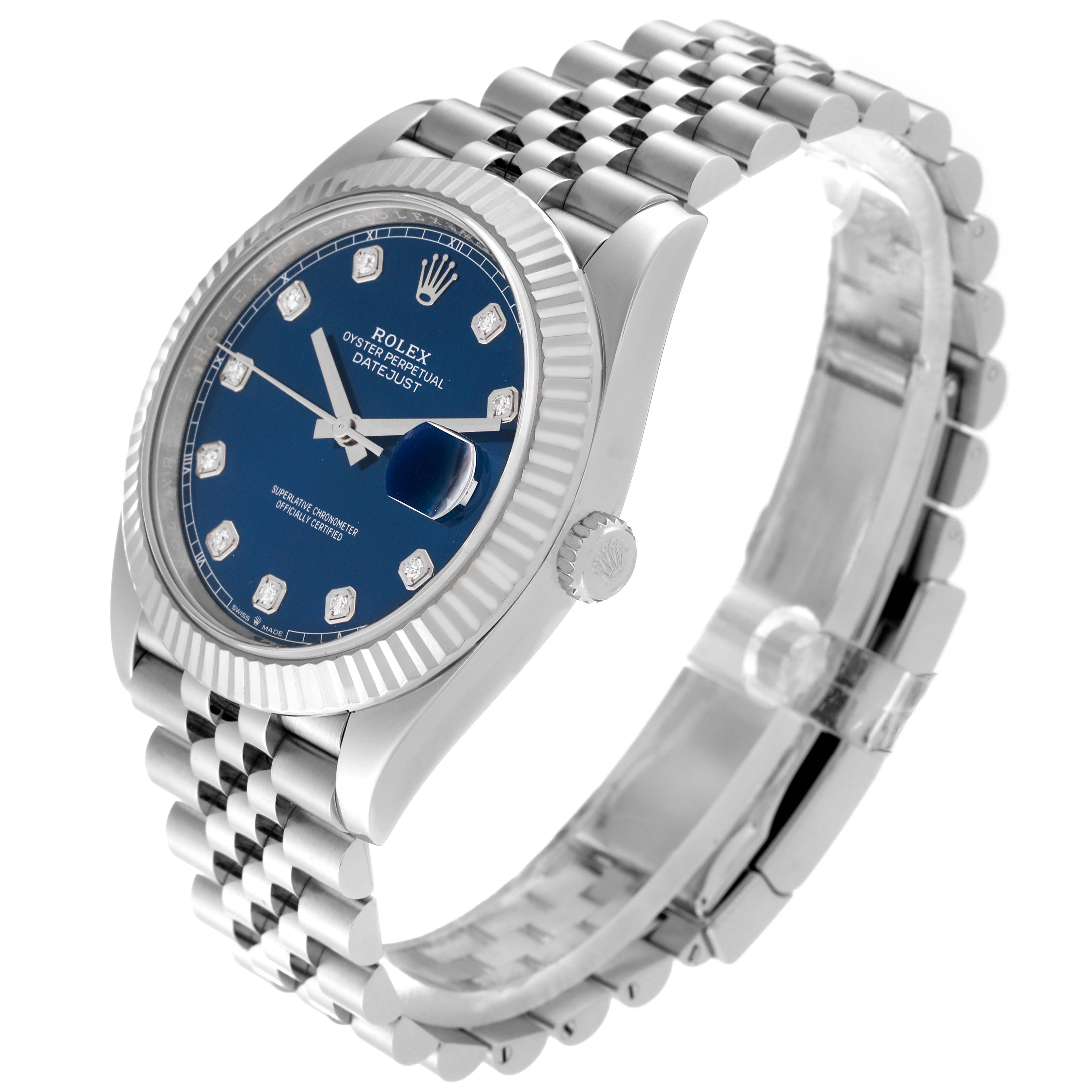 The Rolex Datejust 41 126334 Men
s Stainless Steel Blue Dial 126334 Men
s Stainless Steel Blue Dial is shown in a three-quarter angle, featuring the dial, bezel, crown, and bracelet.