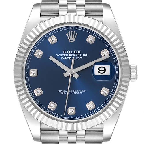 The Rolex Datejust 41 watch is shown from a front angle, highlighting its blue dial, jubilee bracelet, and fluted bezel.