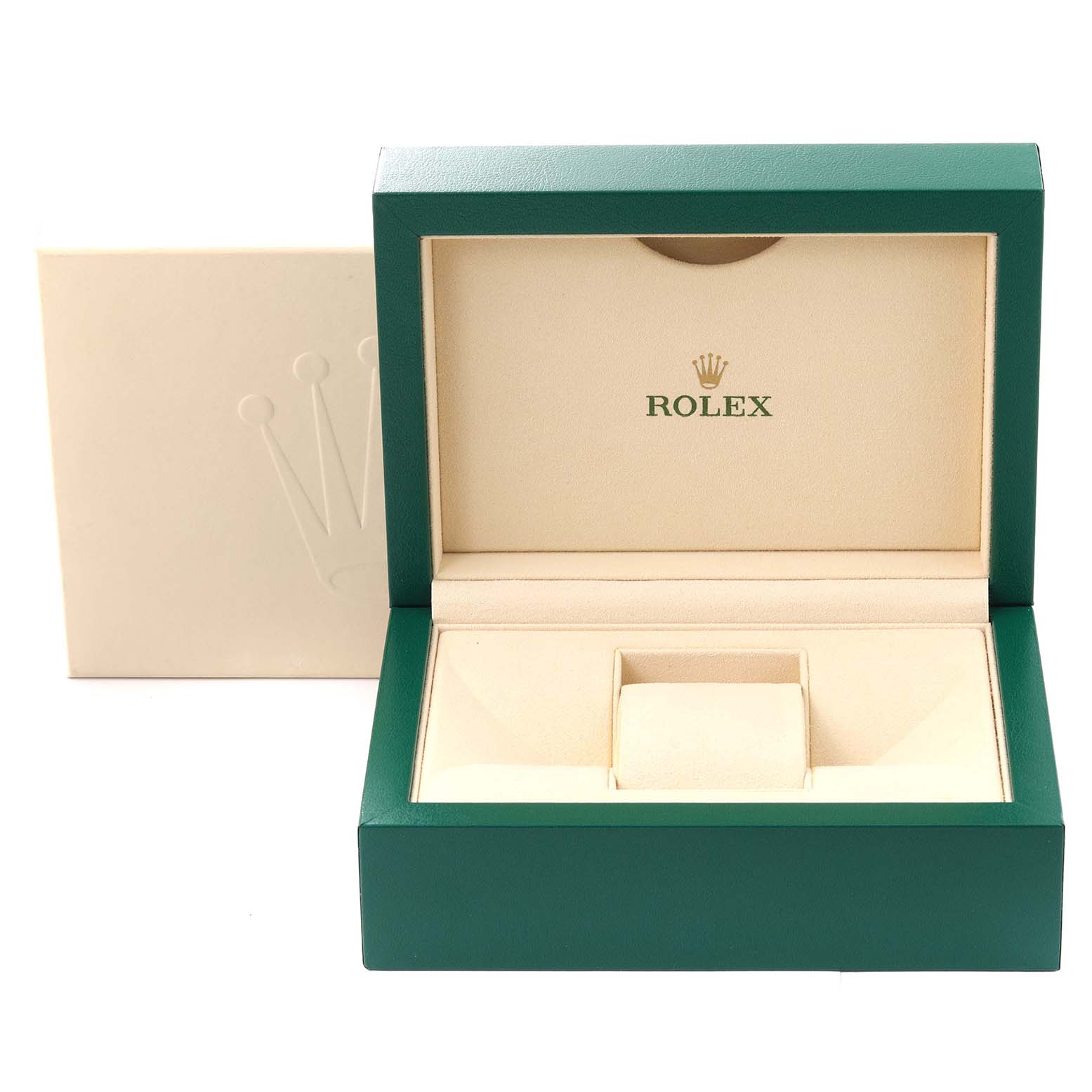 The image shows an open green Rolex box, likely for a Datejust 41 model, with beige interior and Rolex branding.