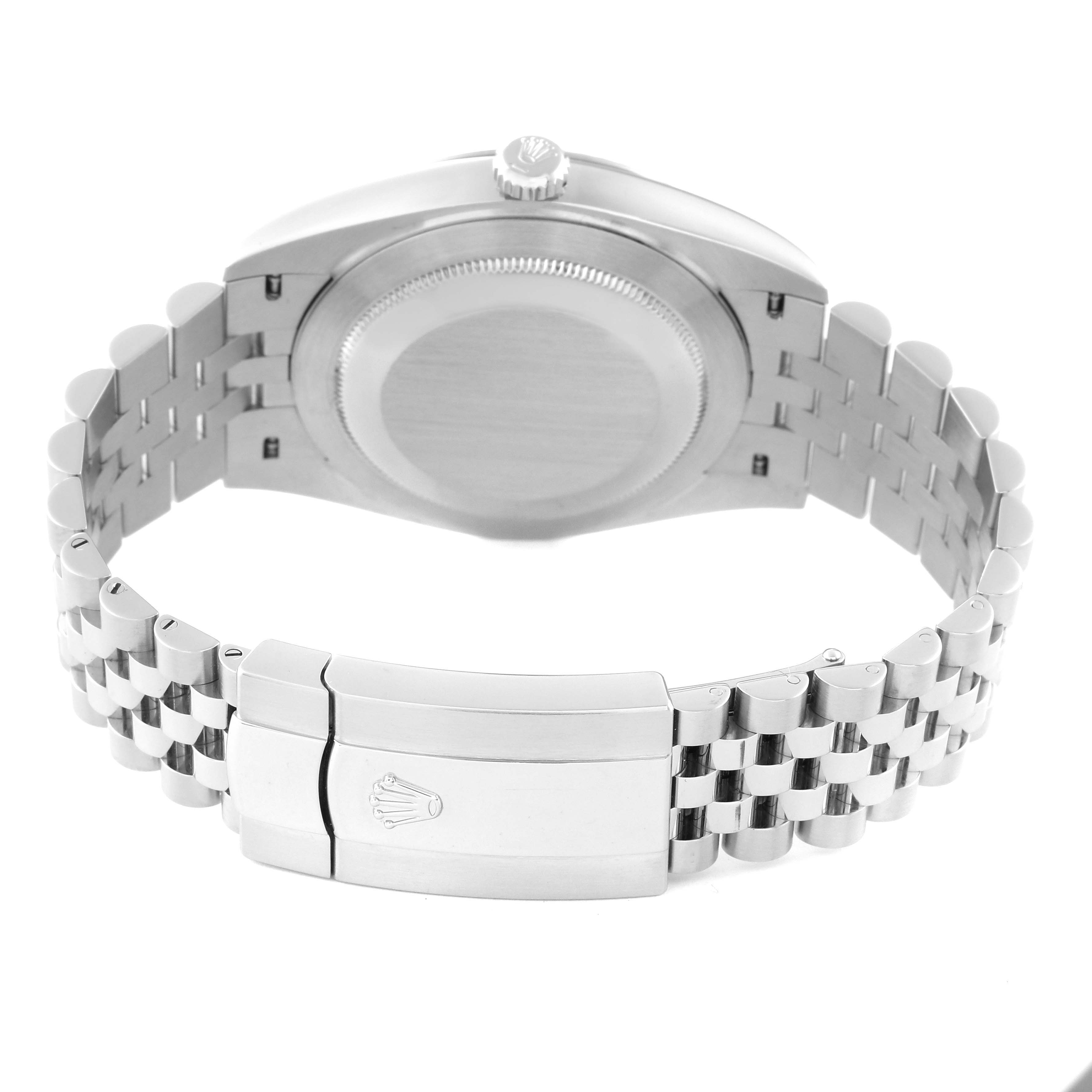 The image shows the back view of the Rolex Datejust 41 126334 Men
s Stainless Steel Blue Dial 126334 Men
s Stainless Steel Blue Dial watch, displaying its case back and bracelet clasp.