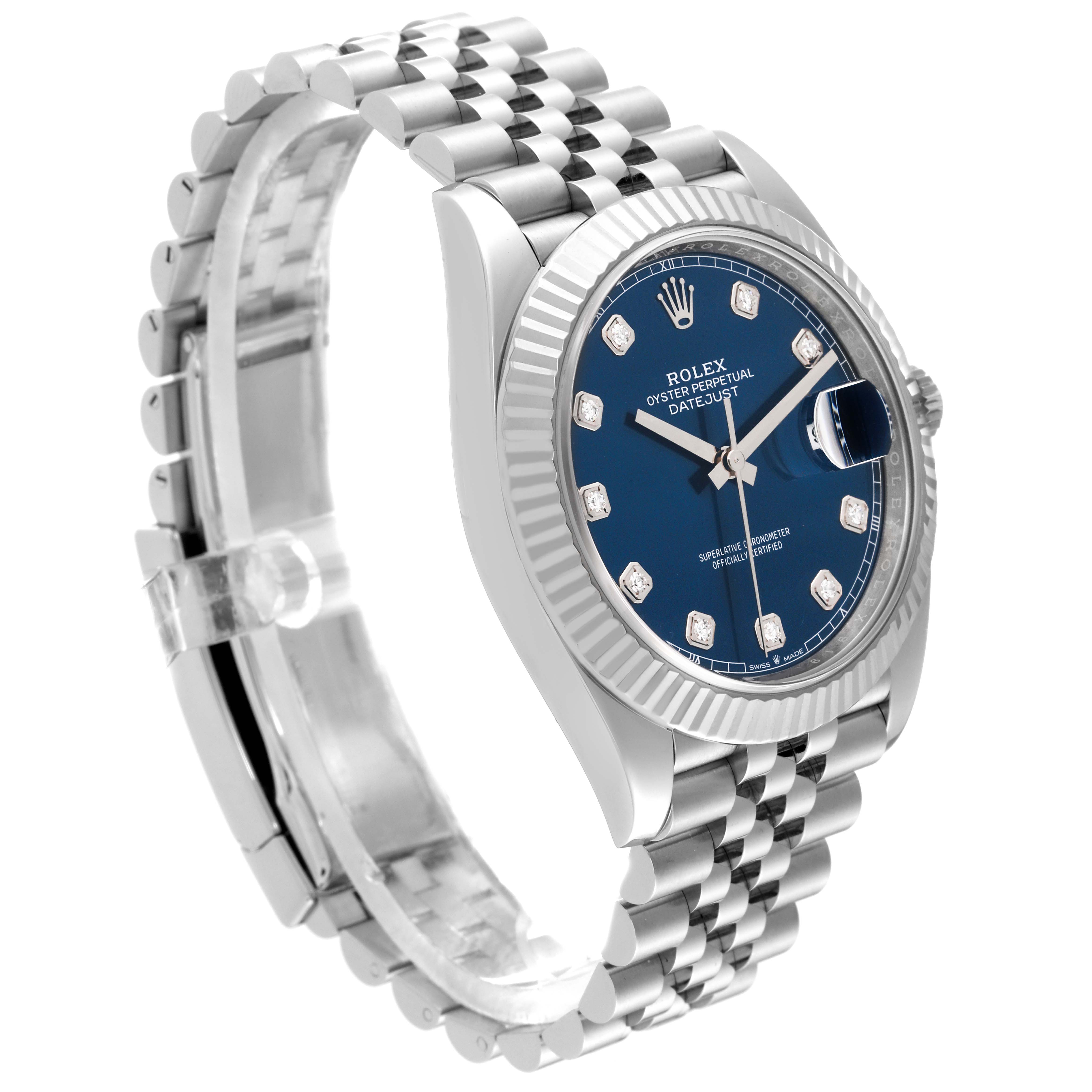 The image shows a Rolex Datejust 41 126334 Men
s Stainless Steel Blue Dial 126334 Men
s Stainless Steel Blue Dial watch from an angled view, highlighting its blue dial, stainless steel case, and jubilee bracelet.