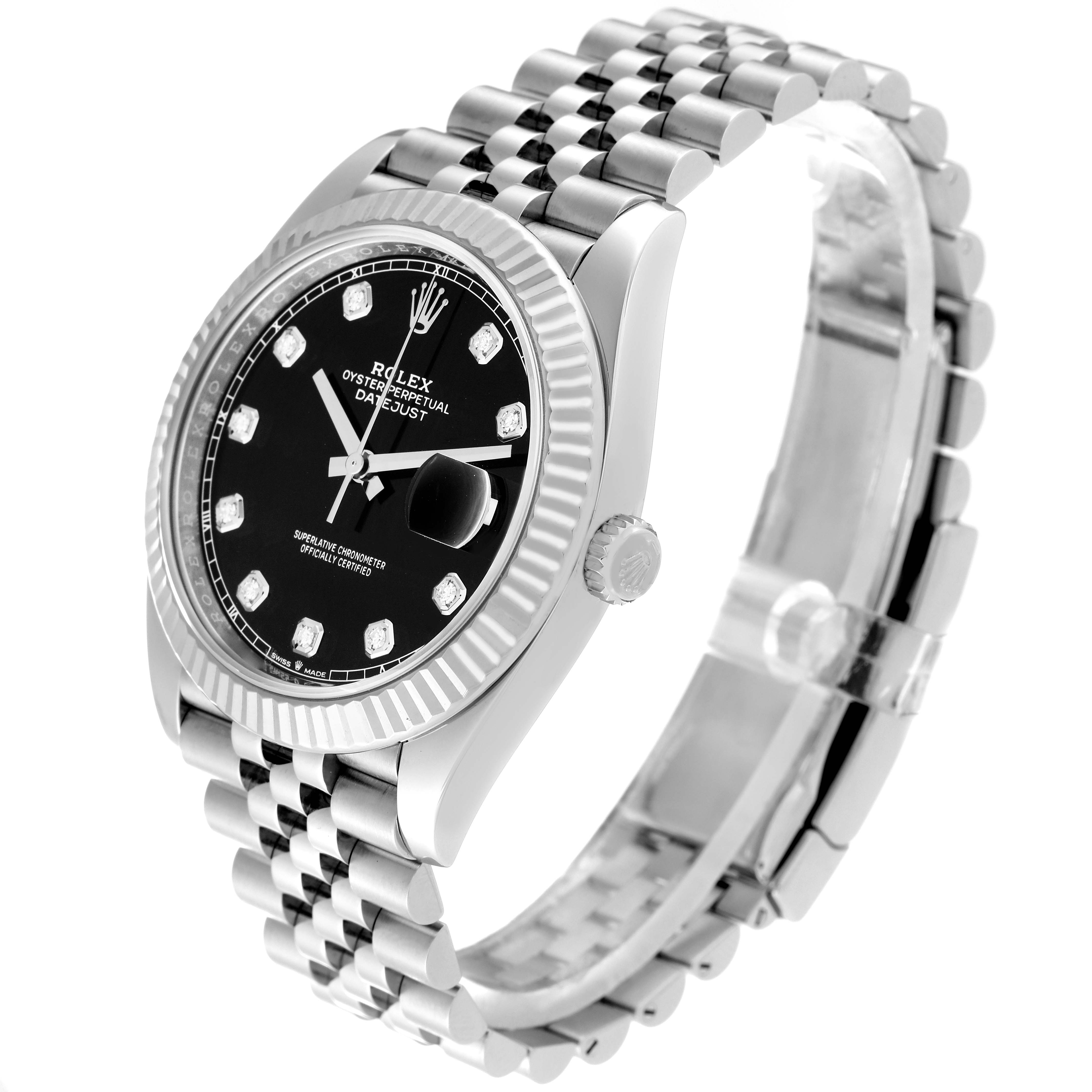The Rolex Datejust 41 126334 Men's Stainless Steel Black Dial 126334 Men's Stainless Steel Black Dial watch is shown from an angled view, displaying its face, bezel, crown, and jubilee bracelet.