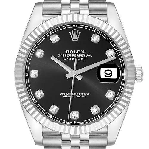 The image shows a front view of a Rolex Datejust 41 watch, highlighting its black dial, date window, and diamond hour markers.