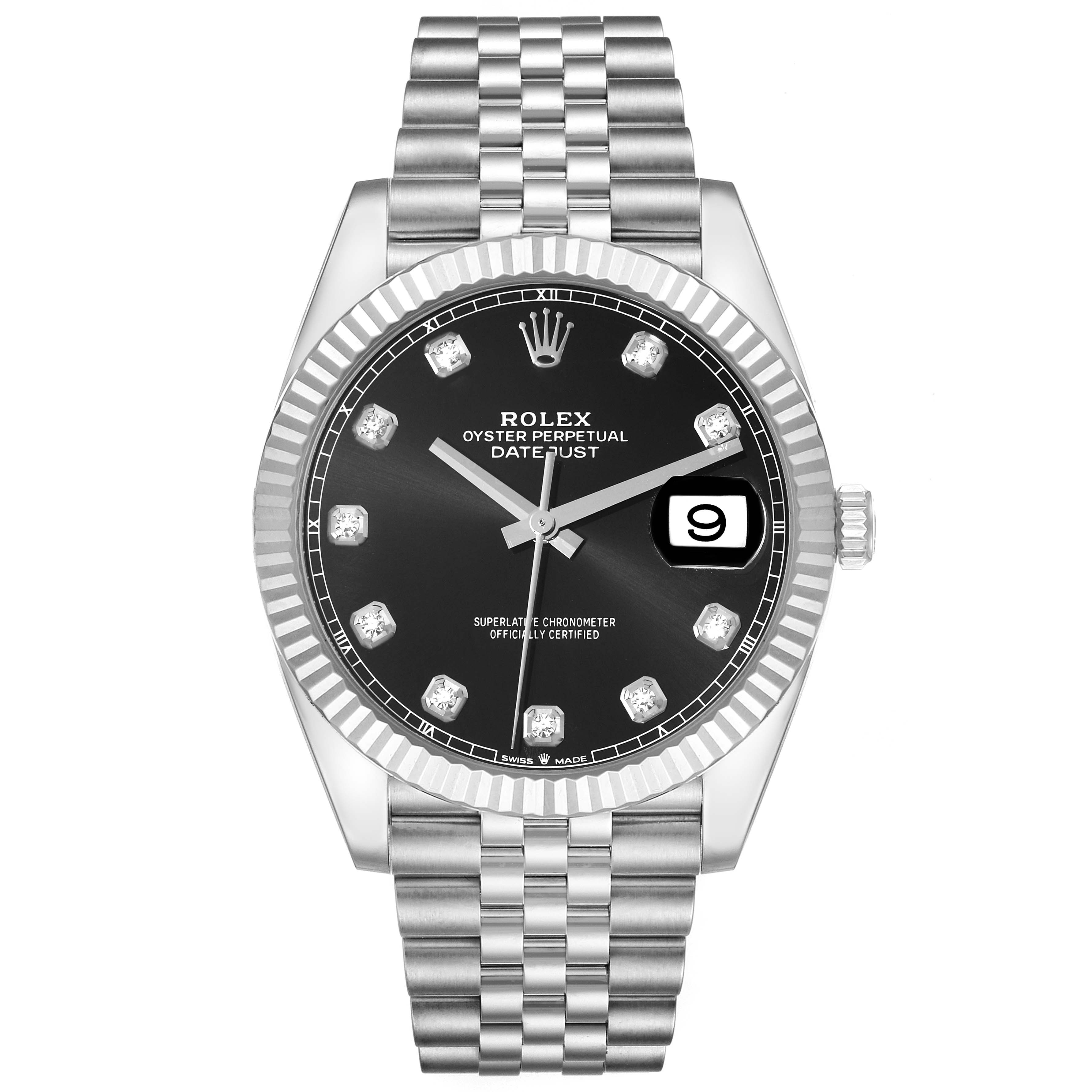 The image shows a frontal view of the Rolex Datejust 41 126334 Men's Stainless Steel Black Dial 126334 Men's Stainless Steel Black Dial watch with a black dial, date display, and Jubilee bracelet.