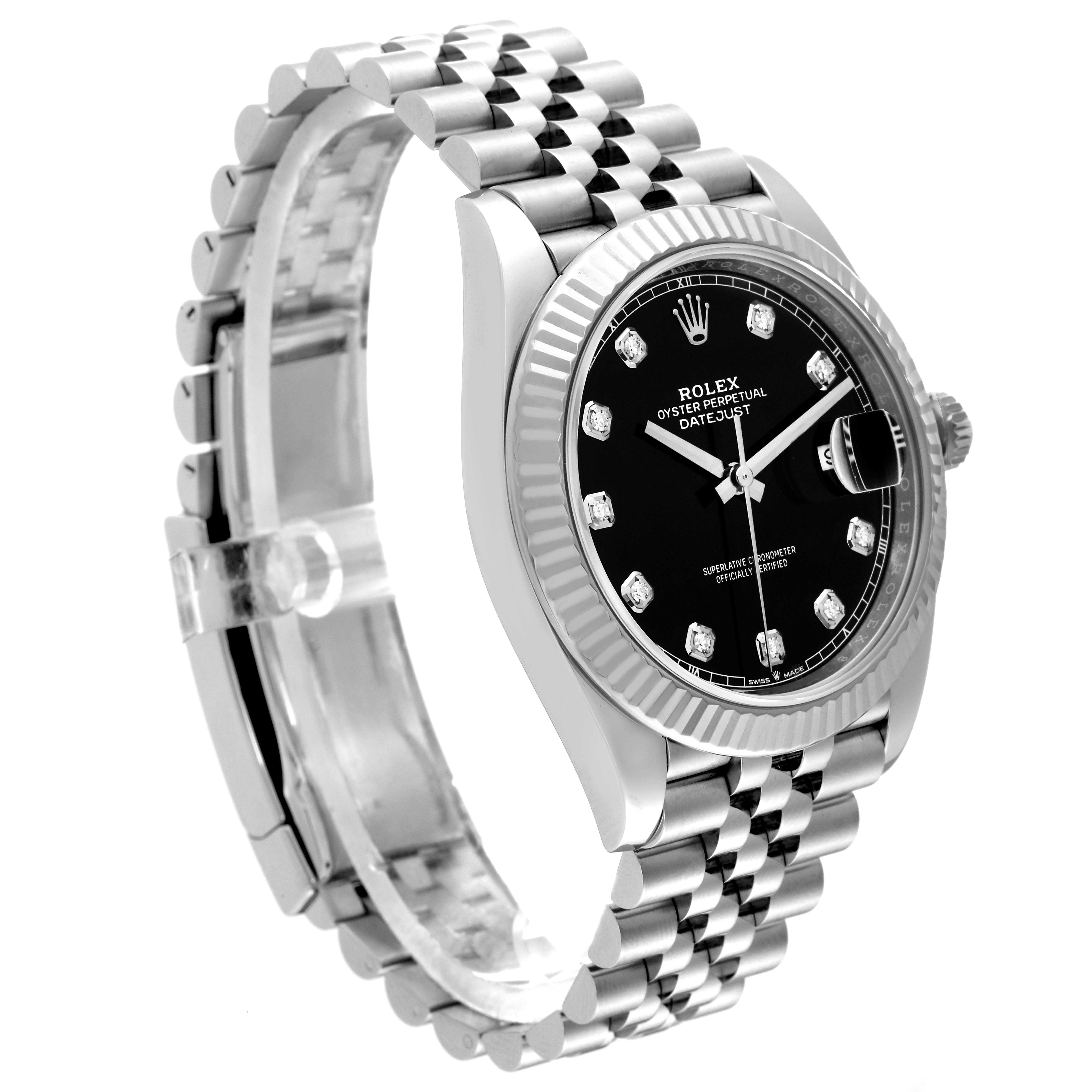 The image shows a Rolex Datejust 41 126334 Men's Stainless Steel Black Dial 126334 Men's Stainless Steel Black Dial watch at a three-quarter angle, highlighting the watch face, case, and oyster bracelet.