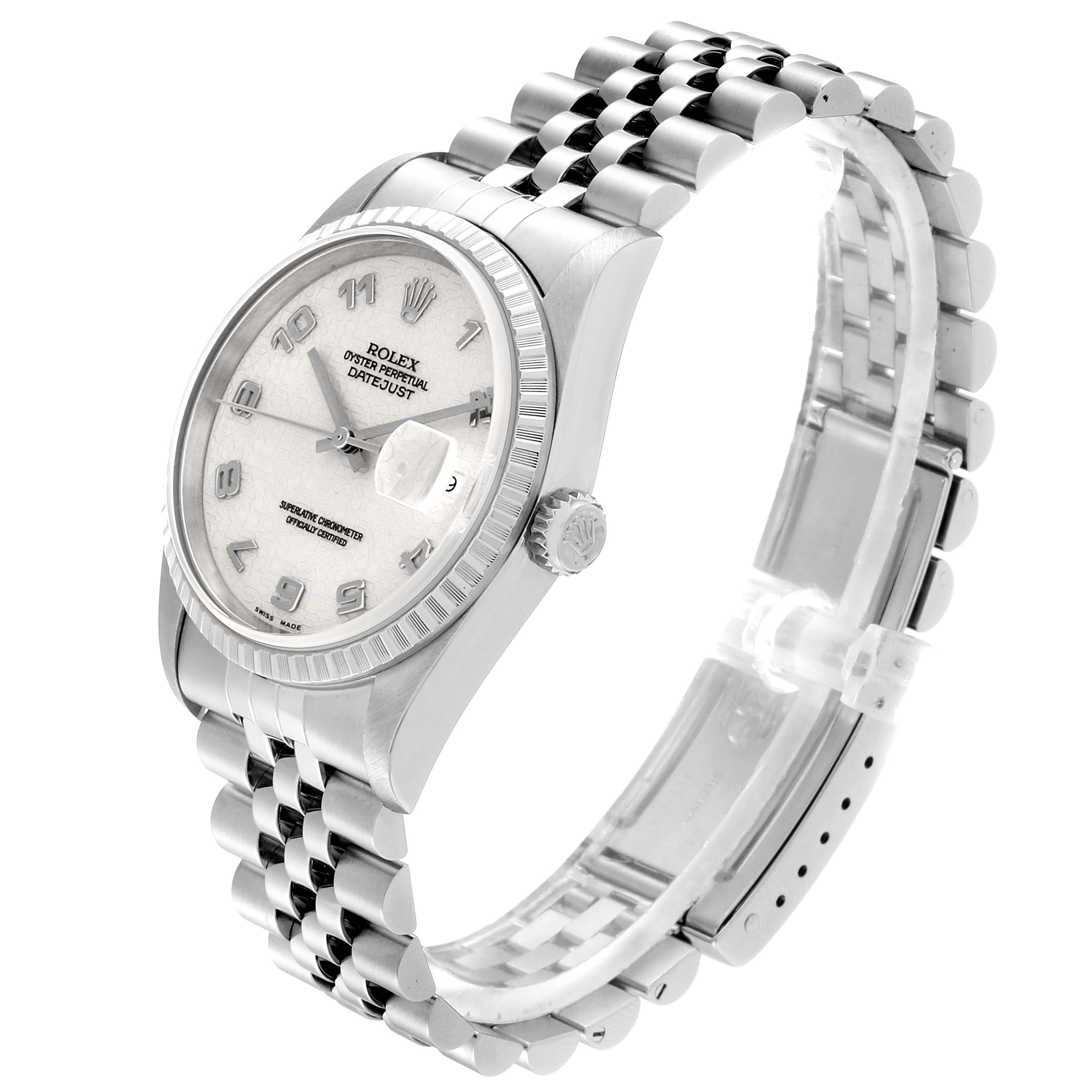 The image shows a side angle of a Rolex Datejust 16220 Men's Stainless Steel Silver Dial 16220 Men's Stainless Steel Silver Dial watch, displaying the dial, bezel, crown, and bracelet.