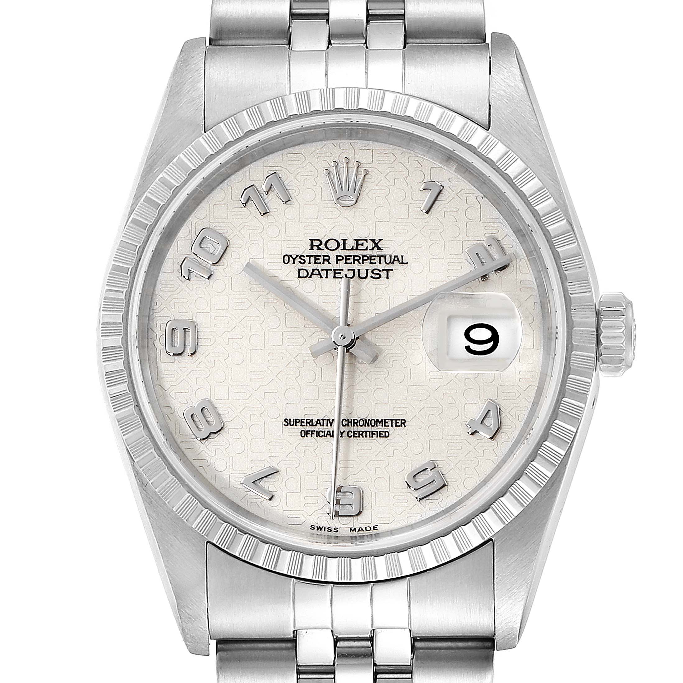 This image shows a front view of the Rolex Datejust 16220 Men's Stainless Steel Silver Dial 16220 Men's Stainless Steel Silver Dial model, highlighting the dial, bezel, and bracelet.