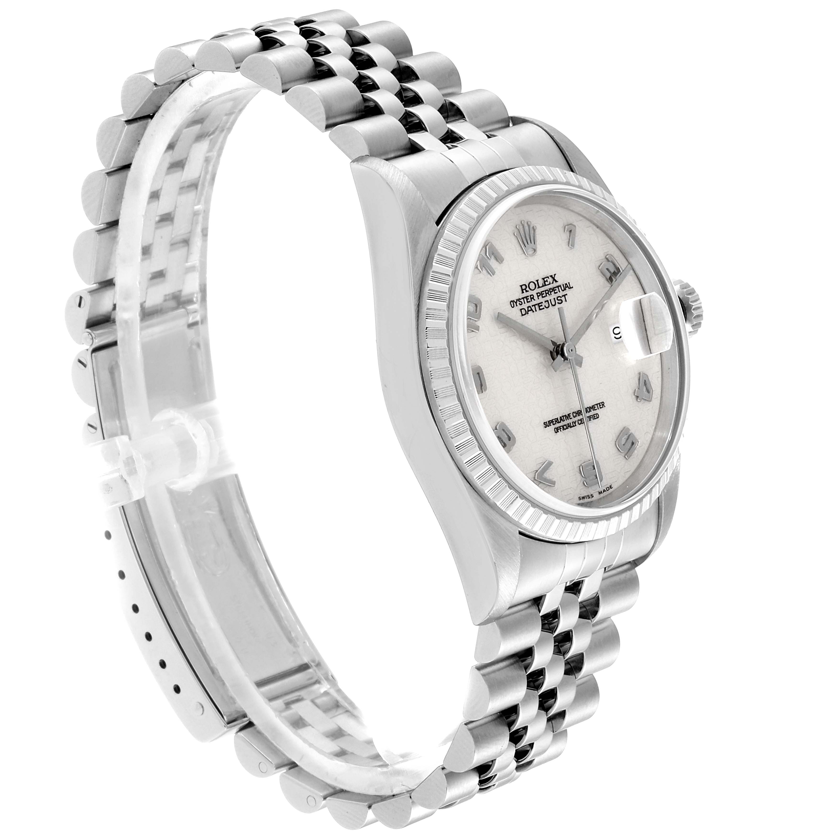 The image shows a side angle of a Rolex Datejust 16220 Men's Stainless Steel Silver Dial 16220 Men's Stainless Steel Silver Dial watch, highlighting its dial, bezel, and bracelet.