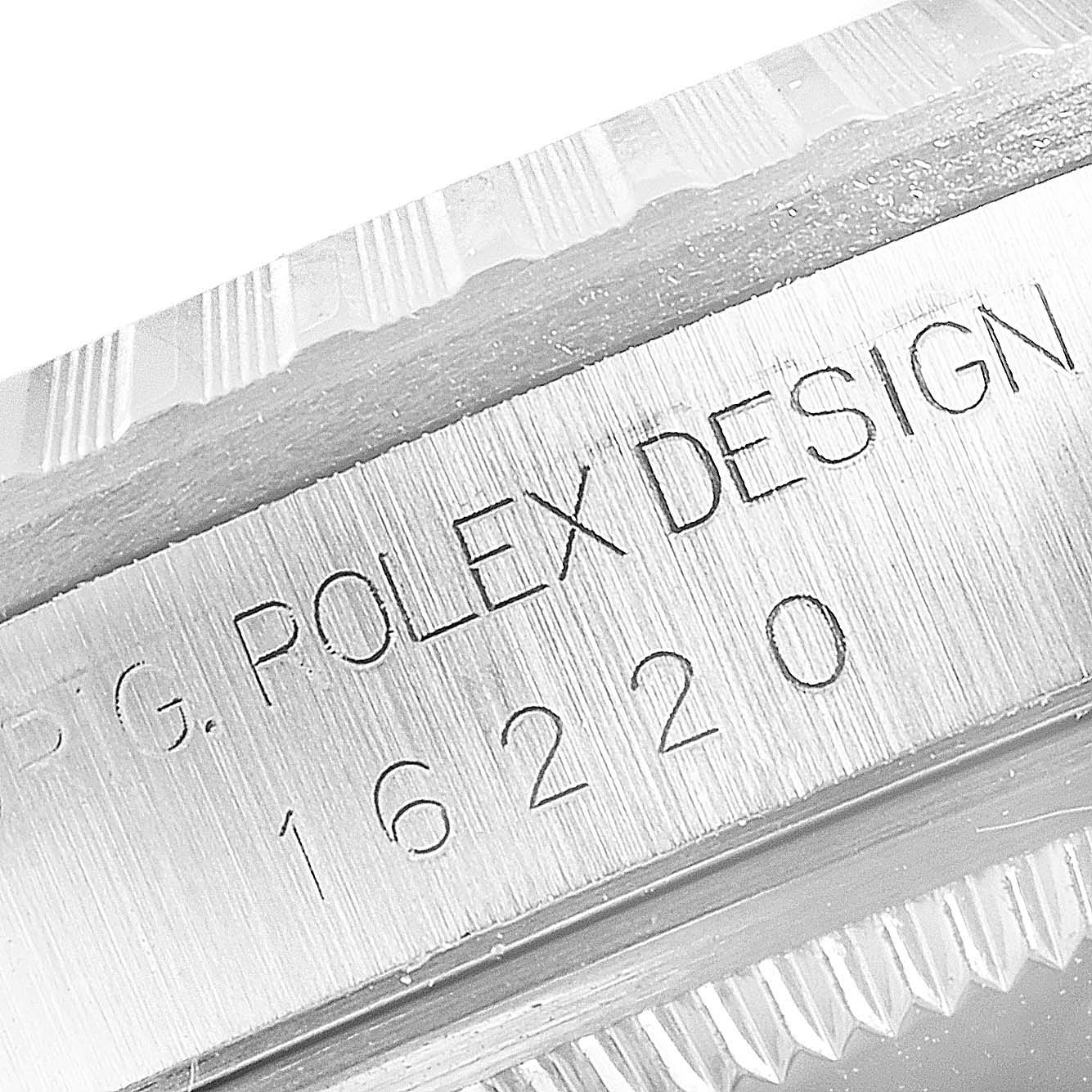 This image shows the side view of a Rolex Datejust 16220 Men's Stainless Steel Silver Dial 16220 Men's Stainless Steel Silver Dial model with the case engraving "ROLEX DESIGN 16220."