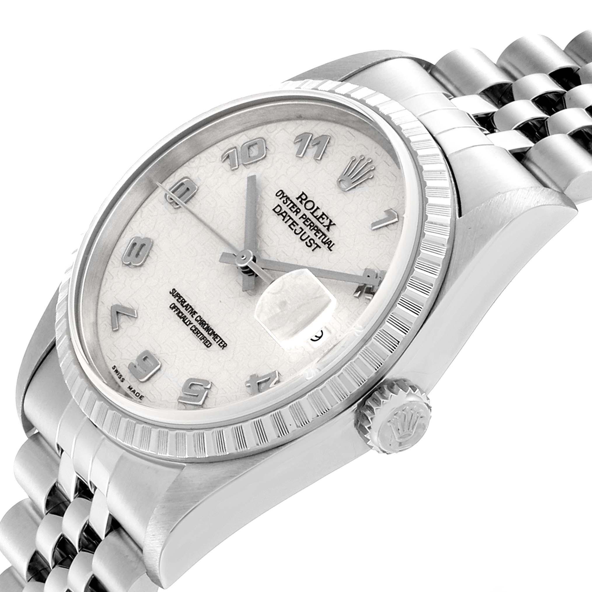 This image shows a side angle of a Rolex Datejust 16220 Men's Stainless Steel Silver Dial 16220 Men's Stainless Steel Silver Dial watch, highlighting the face, crown, and part of the bracelet.