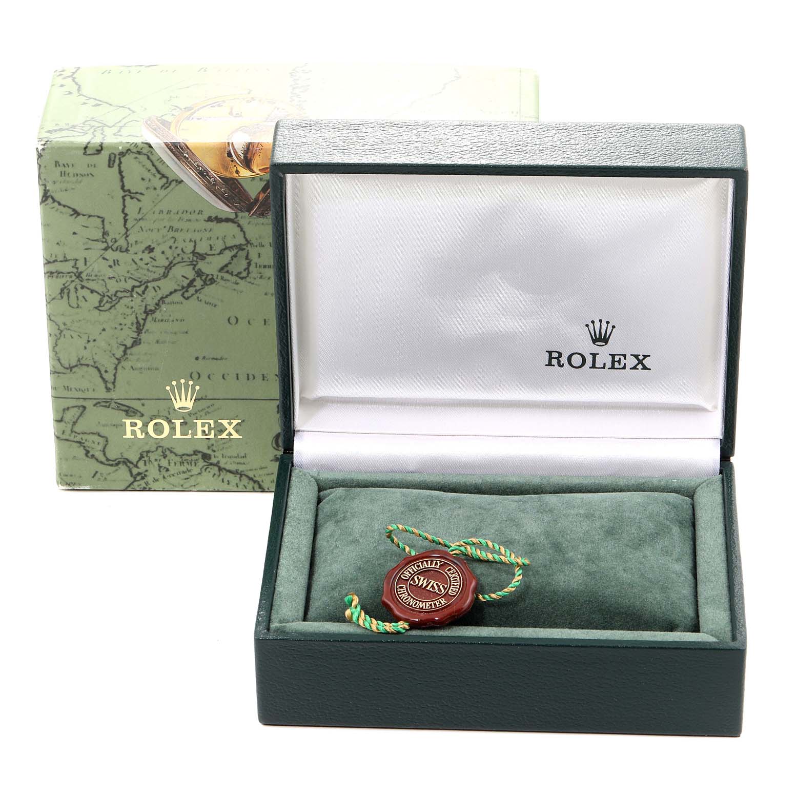 The image shows a Rolex Mid-Size 68273 Women's Steel and Gold (two tone) Champagne Dial 68273 Women's Steel and Gold (two tone) Champagne Dial model watch box, with an open case revealing a tag inside.