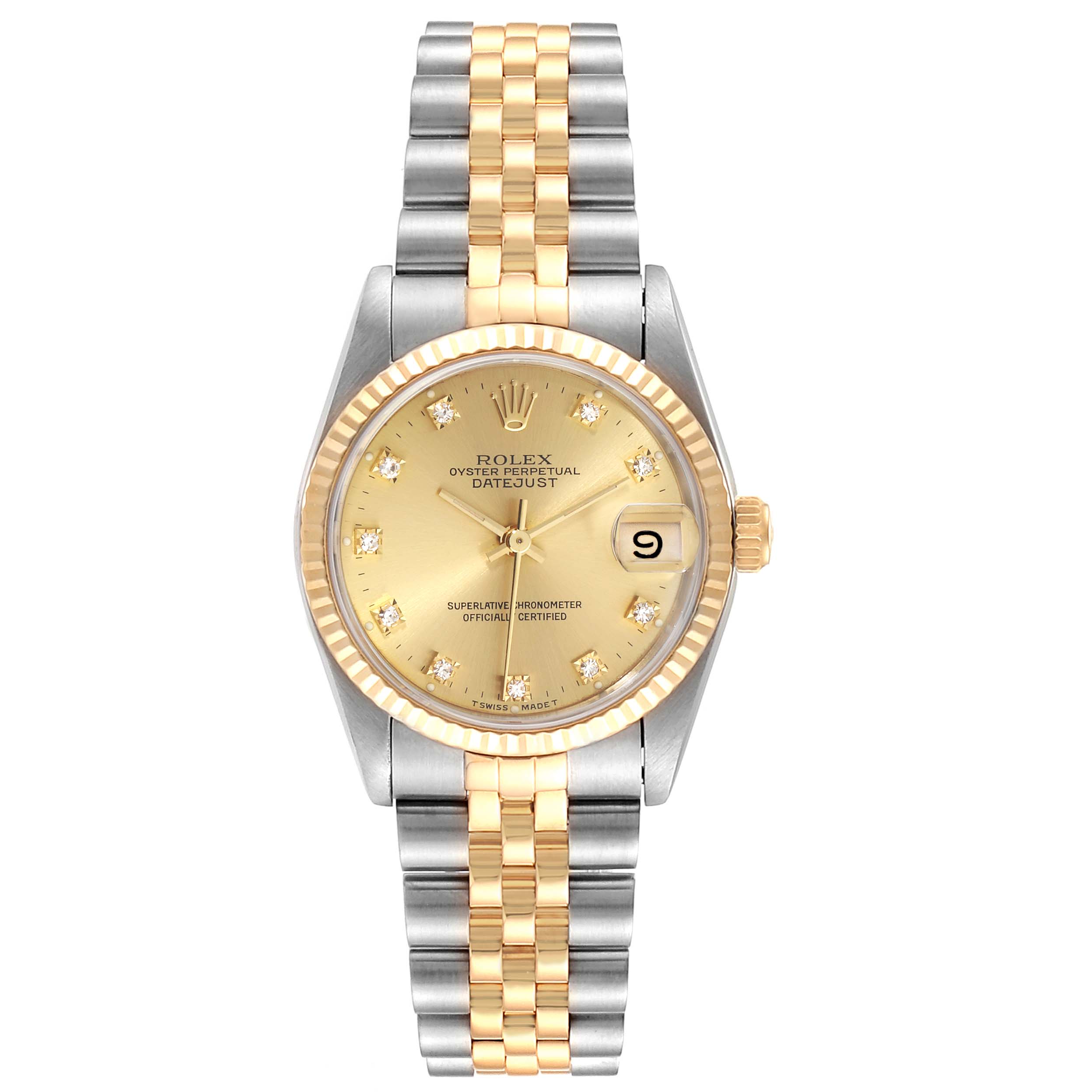 The image shows a front view of a Rolex Oyster Perpetual Datejust Mid-Size watch, focusing on its dial, bezel, and bracelet.