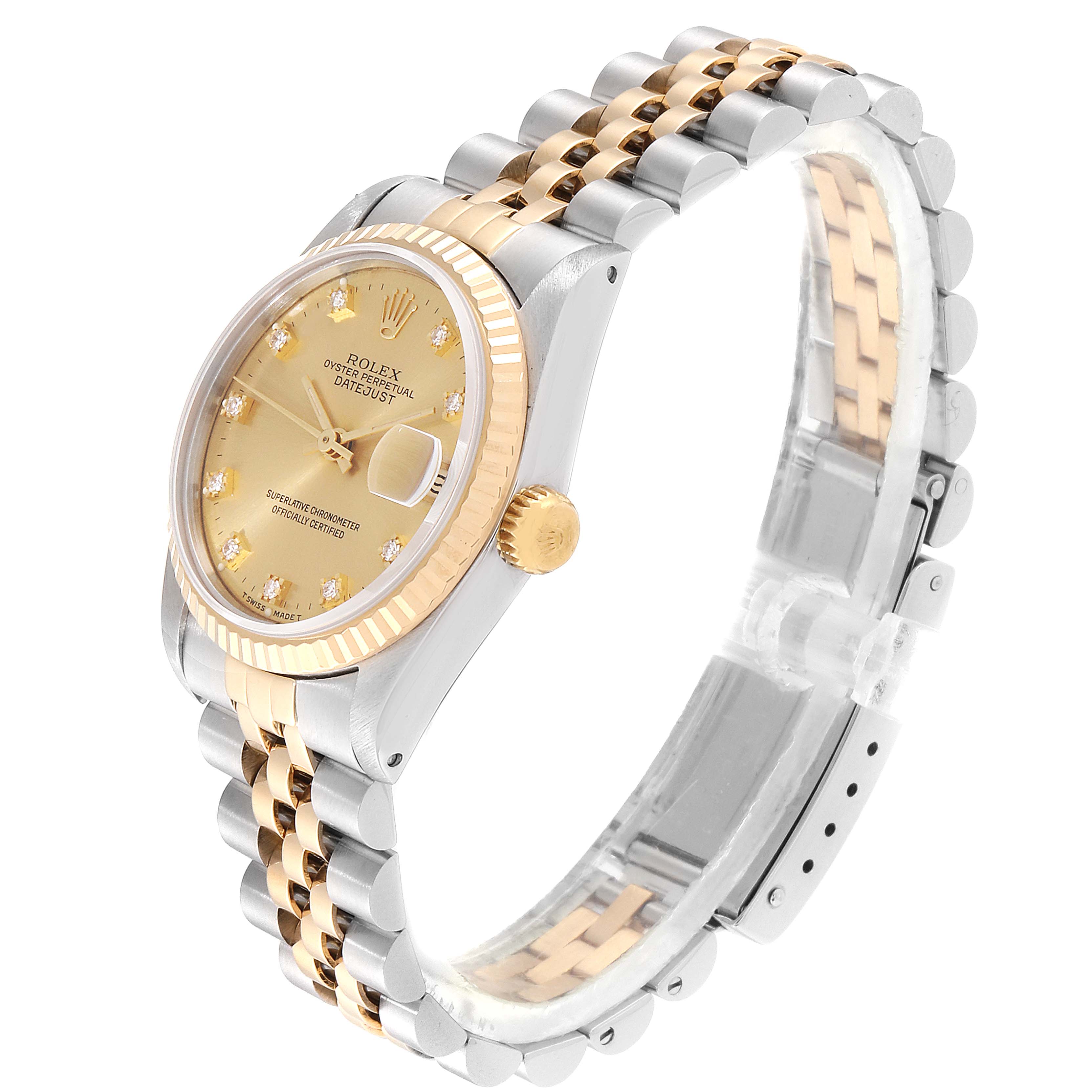 The image shows a Rolex Mid-Size 68273 Women's Steel and Gold (two tone) Champagne Dial 68273 Women's Steel and Gold (two tone) Champagne Dial Datejust watch from a front-side angle, highlighting the gold bezel, dial, and two-tone bracelet.