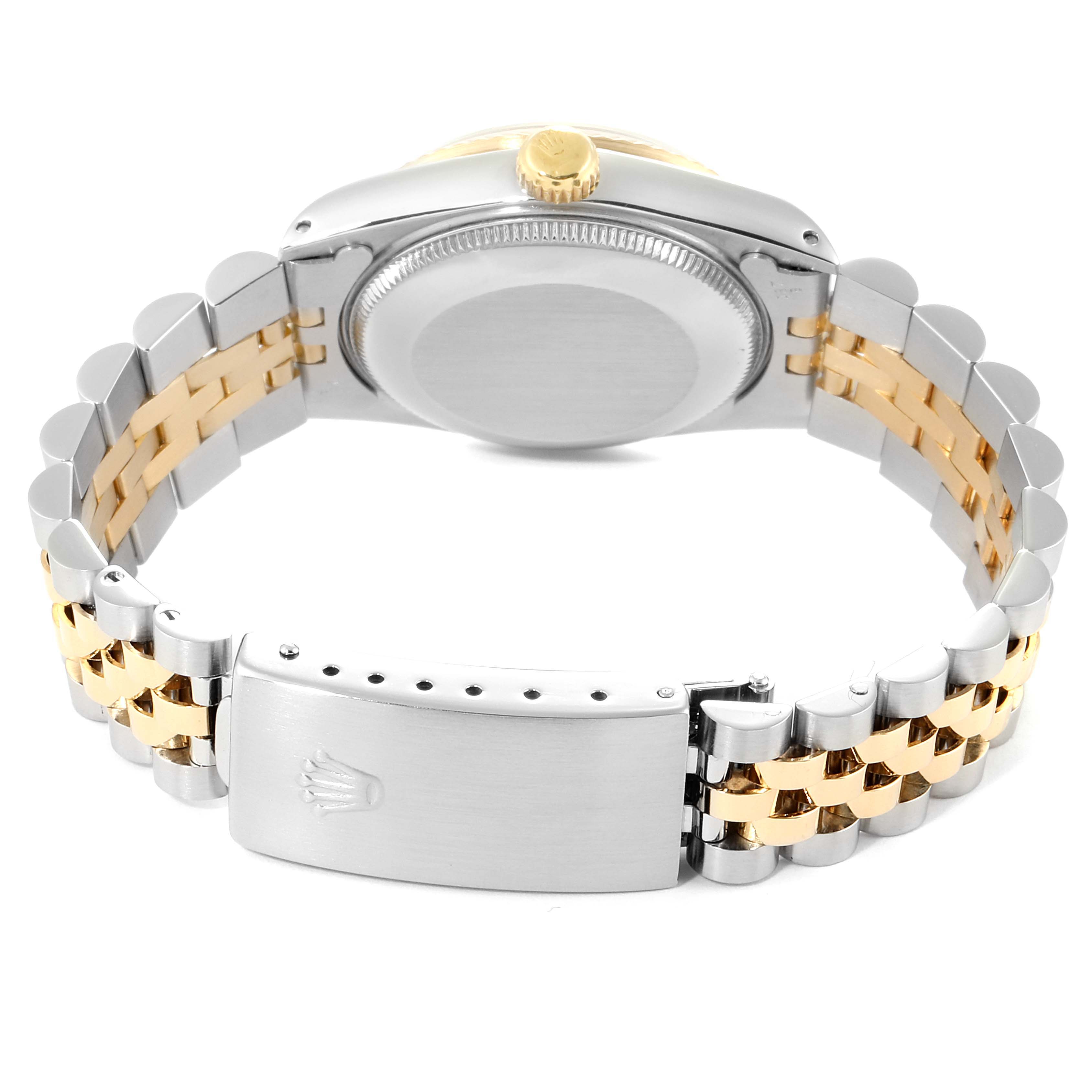 This image shows the back view of a Rolex Mid-Size 68273 Women's Steel and Gold (two tone) Champagne Dial 68273 Women's Steel and Gold (two tone) Champagne Dial watch, highlighting the clasp and two-tone bracelet.