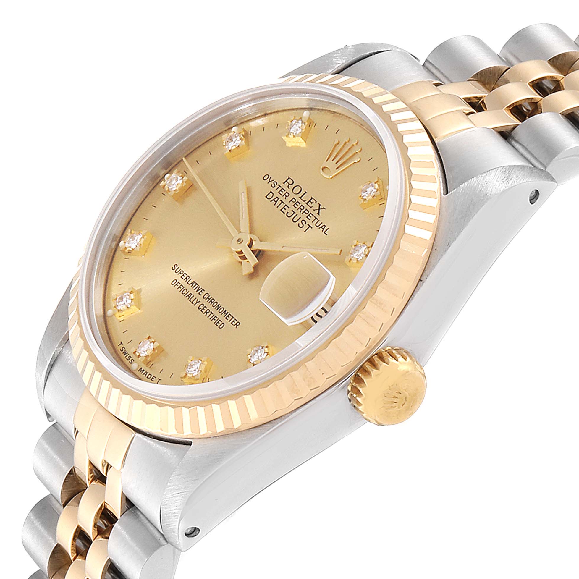 This image shows a Rolex Datejust Mid-Size watch from an angled side view, focusing on the dial, crown, and part of the bracelet.