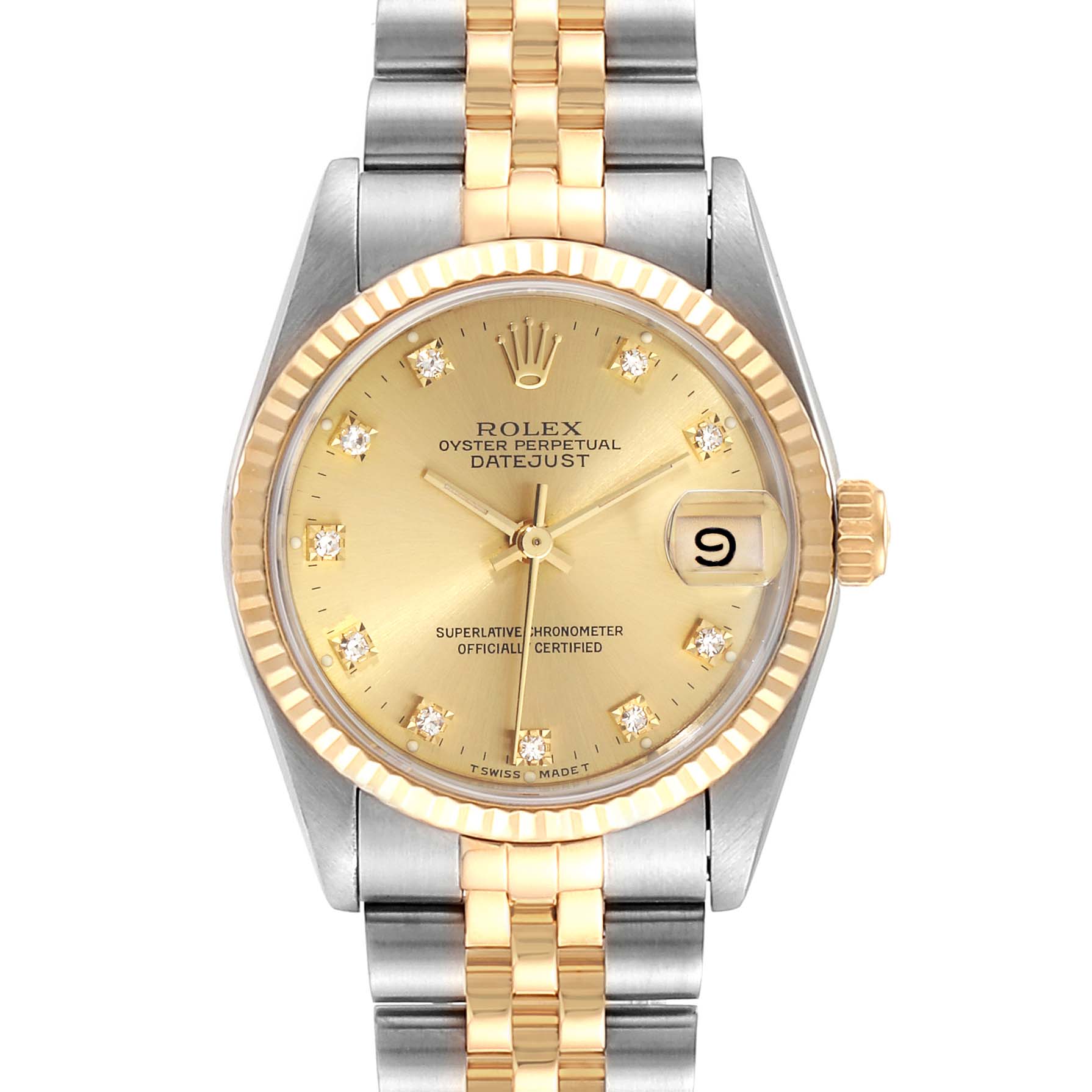 This image shows the front view of a Mid-Size Rolex Datejust watch with a two-tone bracelet and gold dial.