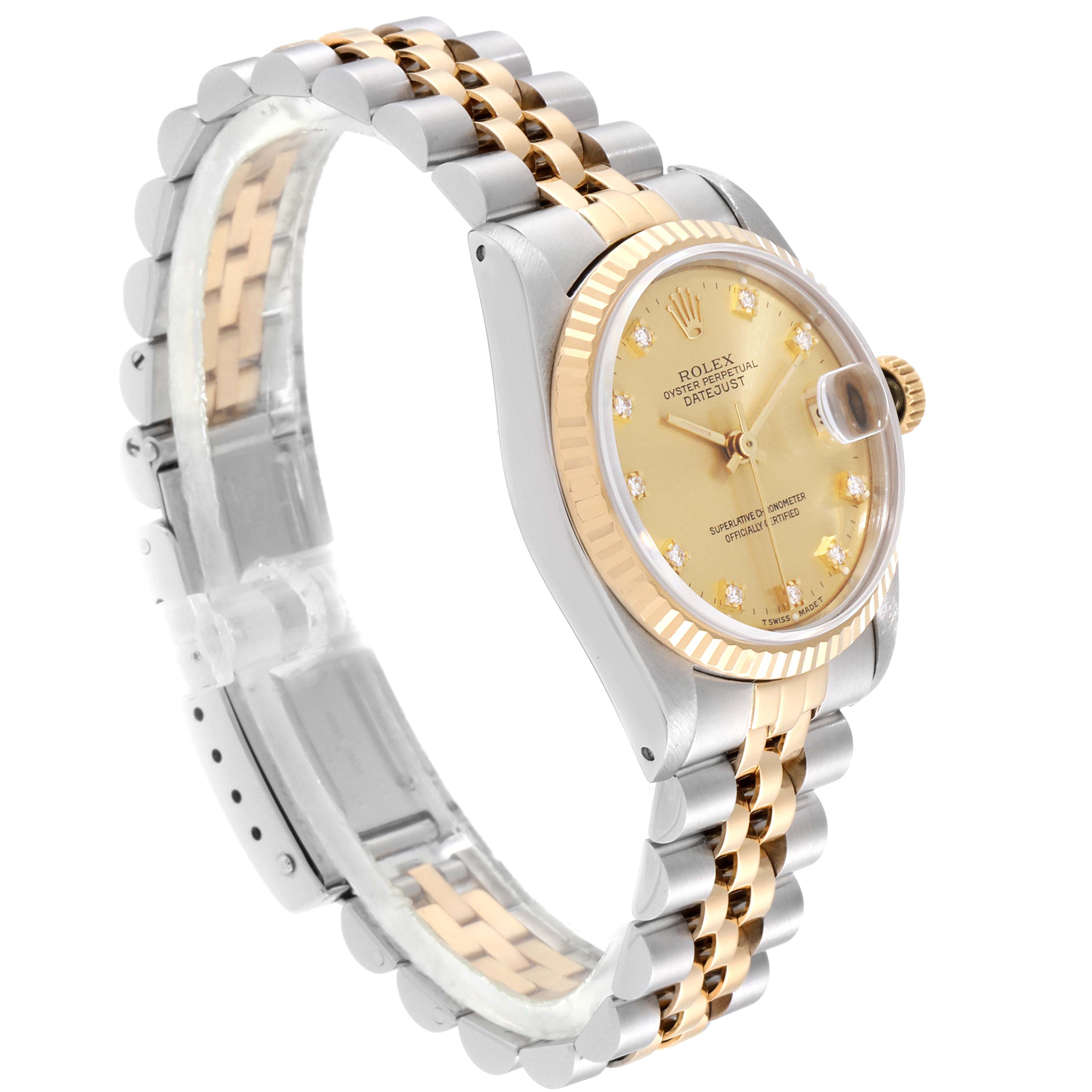The Rolex Mid-Size 68273 Women's Steel and Gold (two tone) Champagne Dial 68273 Women's Steel and Gold (two tone) Champagne Dial model watch is shown at a three-quarter angle, highlighting the two-tone bracelet, case, and dial.