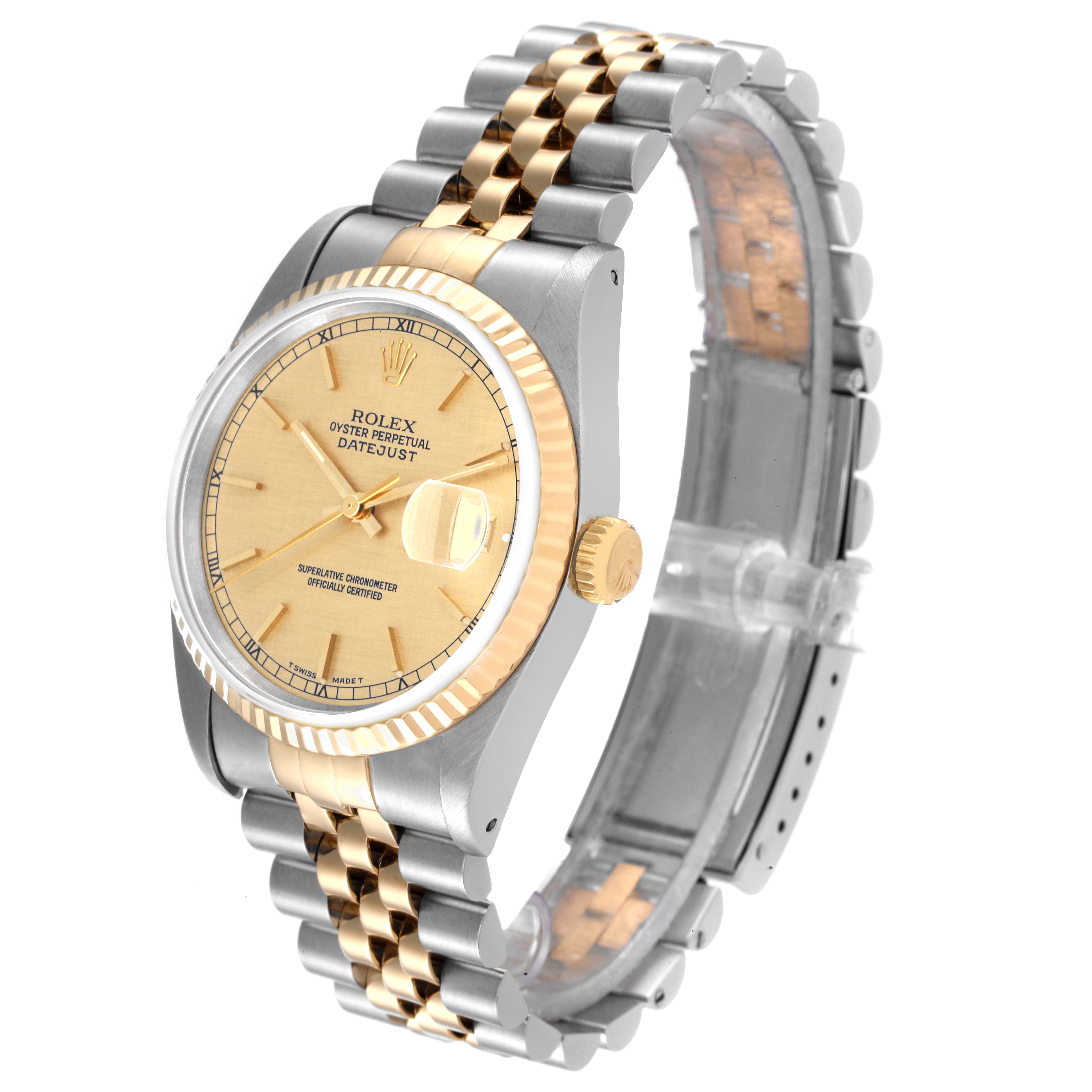 This image shows the Rolex Datejust 16233 Men's Steel and Gold (two tone) Champagne Dial 16233 Men's Steel and Gold (two tone) Champagne Dial watch from a front and side angle, highlighting its dial, bezel, crown, and two-tone bracelet.