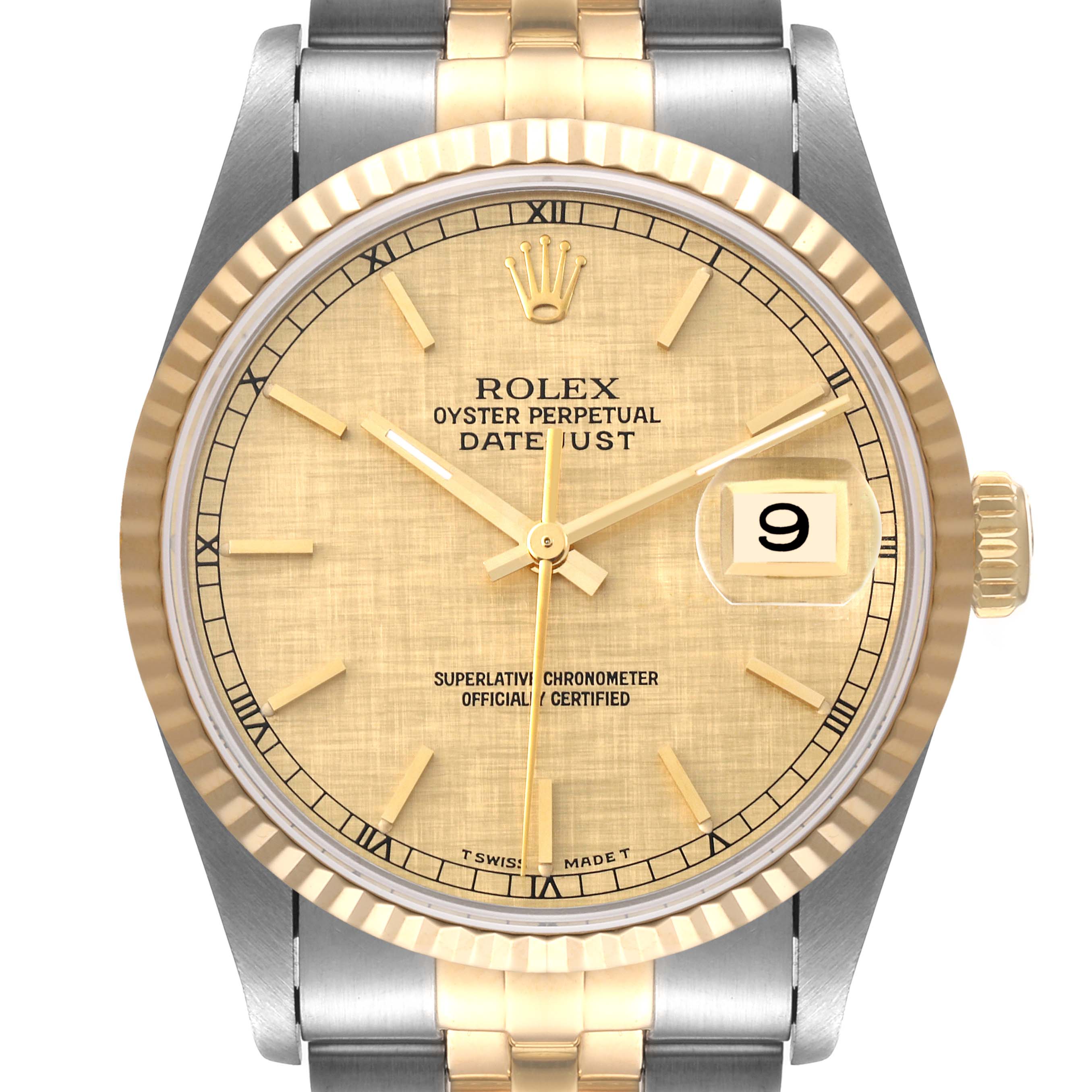 This image shows a front view of the Rolex Datejust 16233 Men's Steel and Gold (two tone) Champagne Dial 16233 Men's Steel and Gold (two tone) Champagne Dial watch, highlighting its gold dial, fluted bezel, and date window.