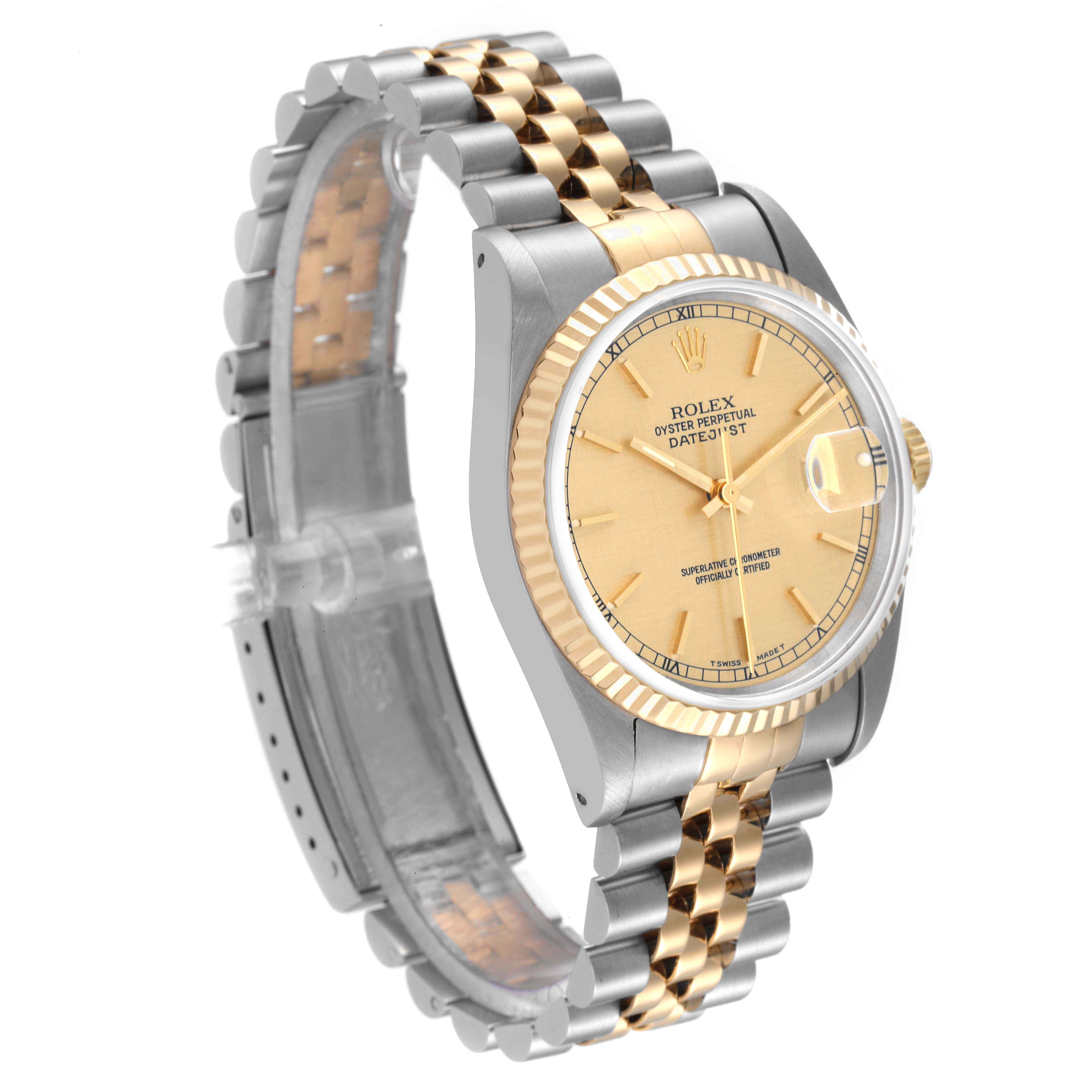 This image shows a Rolex Datejust 16233 Men's Steel and Gold (two tone) Champagne Dial 16233 Men's Steel and Gold (two tone) Champagne Dial watch at a three-quarter angle, featuring its bezel, dial, and two-tone metal bracelet.