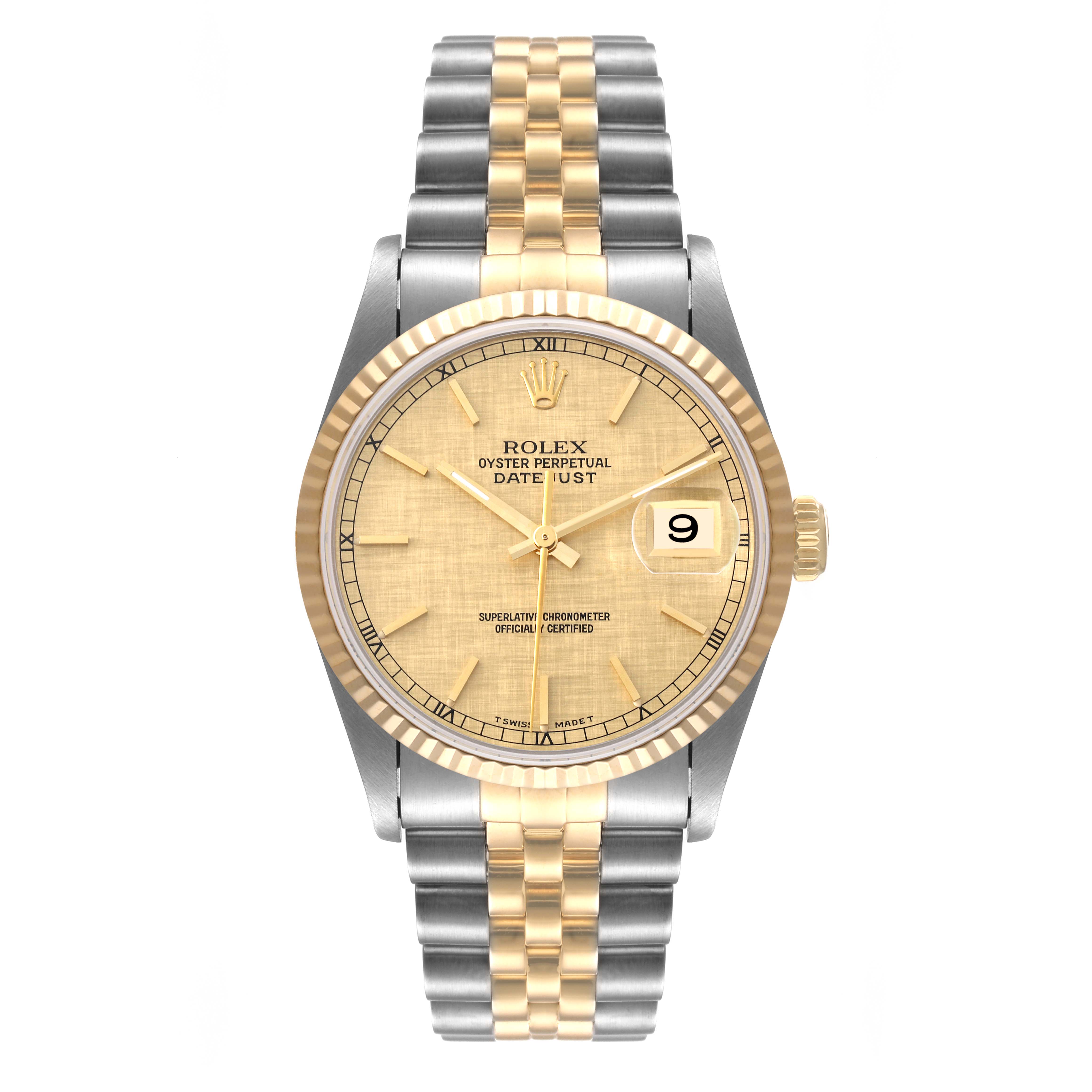 The Rolex Datejust 16233 Men's Steel and Gold (two tone) Champagne Dial 16233 Men's Steel and Gold (two tone) Champagne Dial watch is shown head-on, displaying its gold and silver bracelet, face, crown, and date display.
