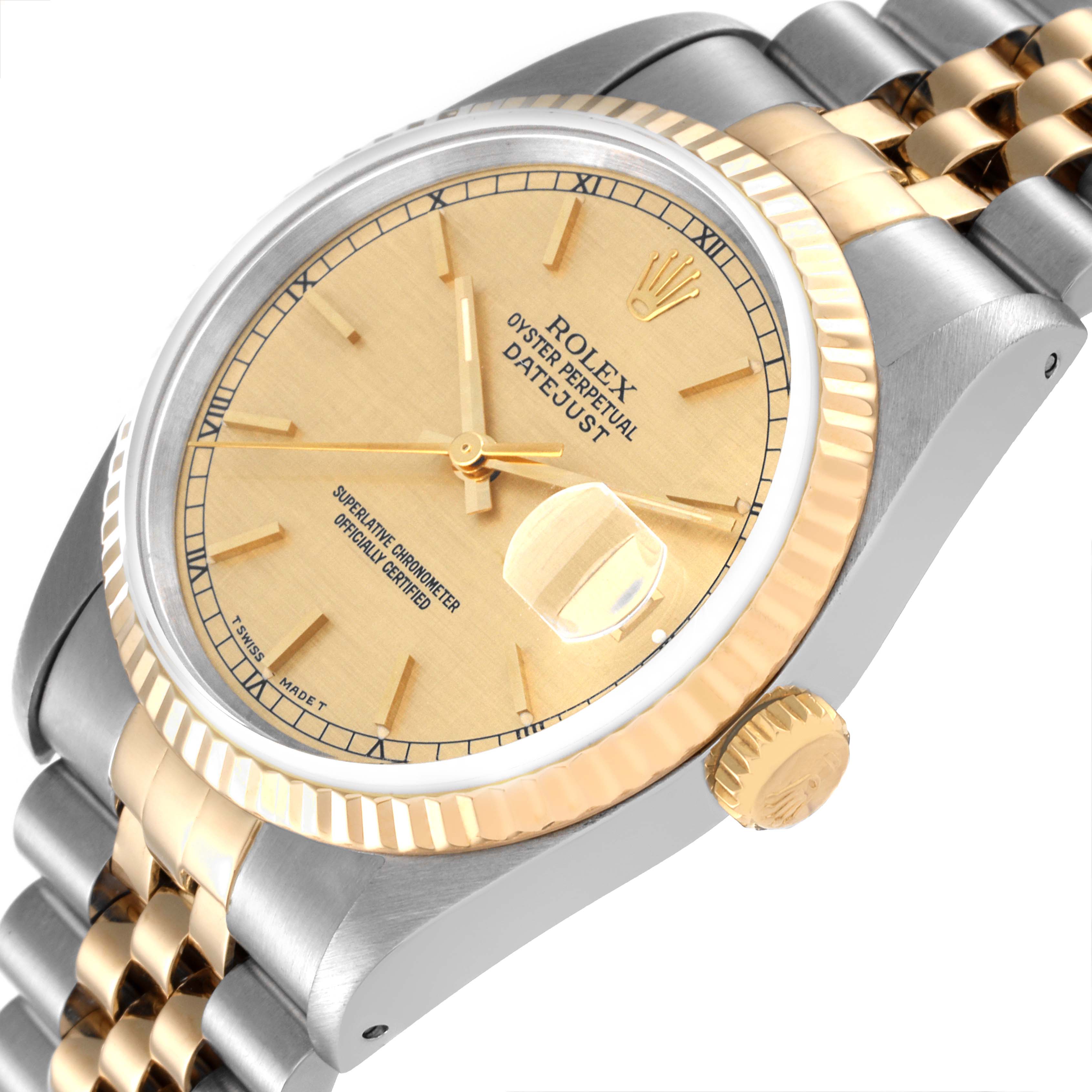 The image shows the Rolex Datejust 16233 Men's Steel and Gold (two tone) Champagne Dial 16233 Men's Steel and Gold (two tone) Champagne Dial watch from a top-side angle, highlighting its gold dial, fluted bezel, and two-tone bracelet.